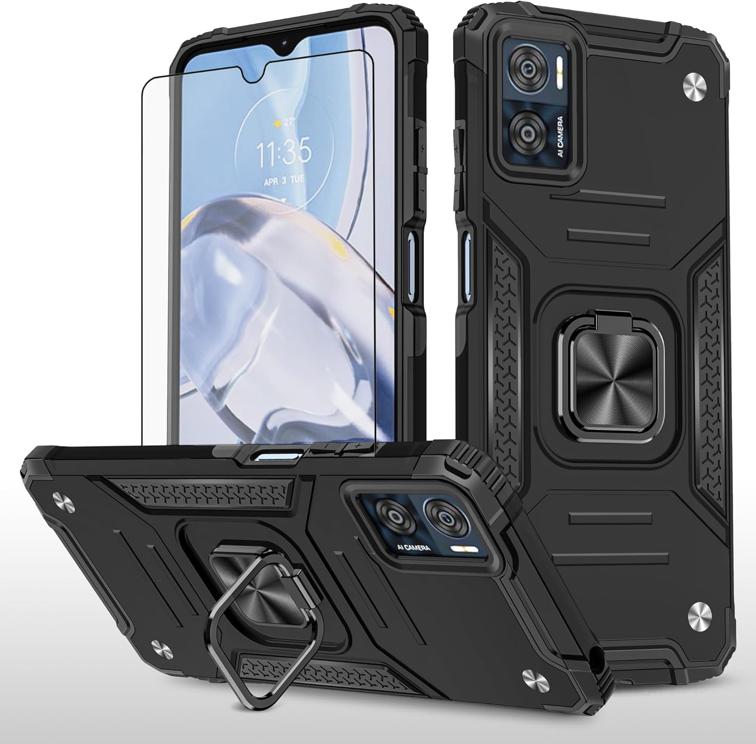 Asuwish Funda de teléfono para Motorola Moto E22E22i 4G con protector de pantalla de vidrio templado y soporte de anillo delgado híbrido protector