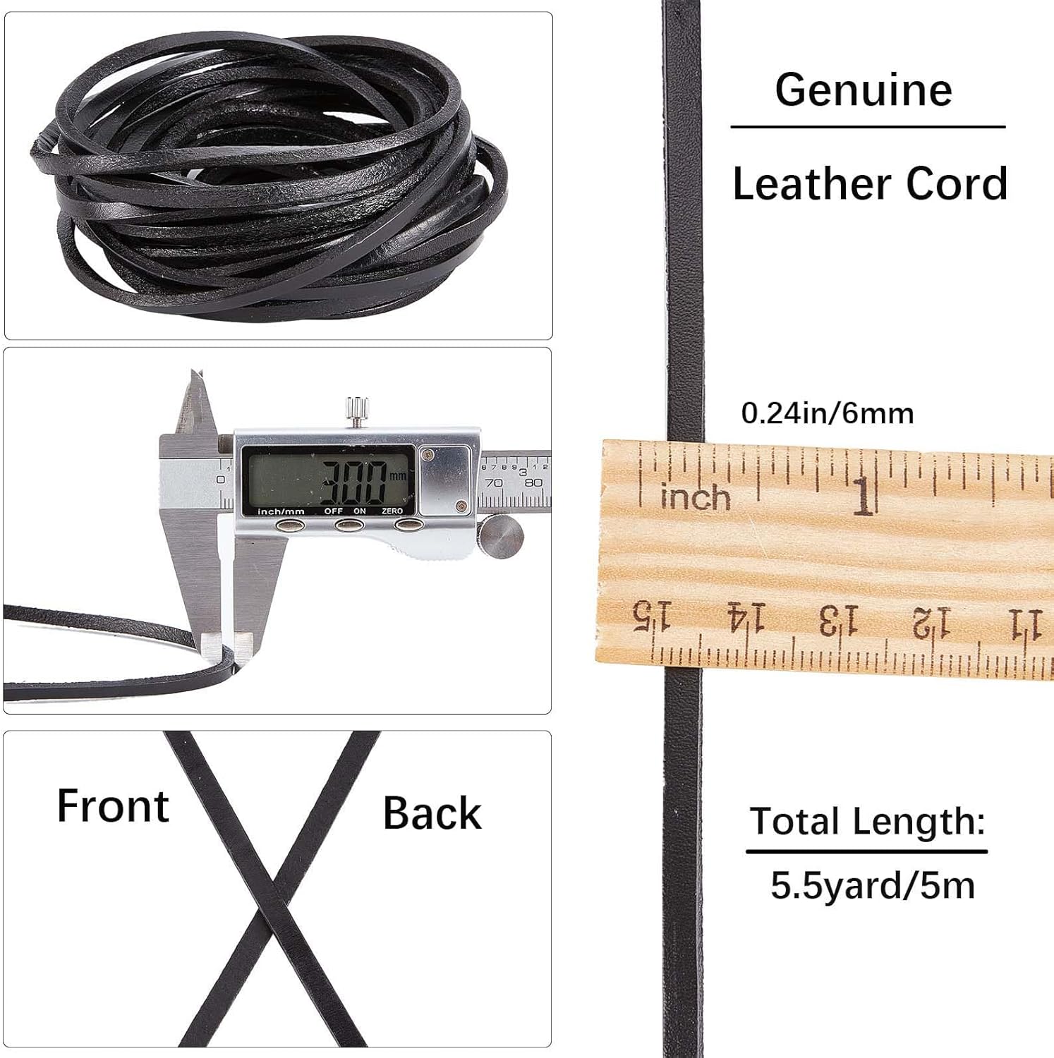 GORGECRAFT Cordón de cuero genuino de 5.5 yardas de ancho de 0.24 pulgadas de ancho, cuerda plana de piel de vacuno de una sola cara, rollo de