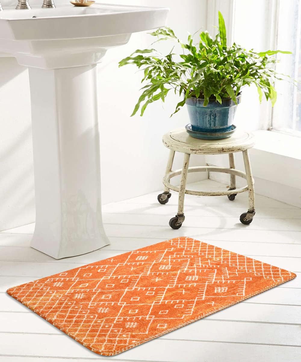 Uphome Alfombras de baño de 18 x 25 pulgadas, color naranja, bohemio, antideslizante, marroquí, geométrica, alfombra de baño de terciopelo suave,