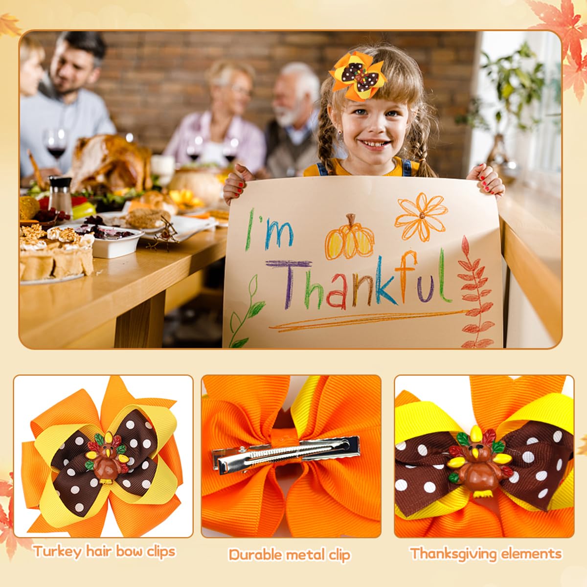 Pinzas para el cabello de pavo de Acción de Gracias, color amarillo, naranja, marrón, capas con diseño de lazo, accesorios para mujeres y niñas,
