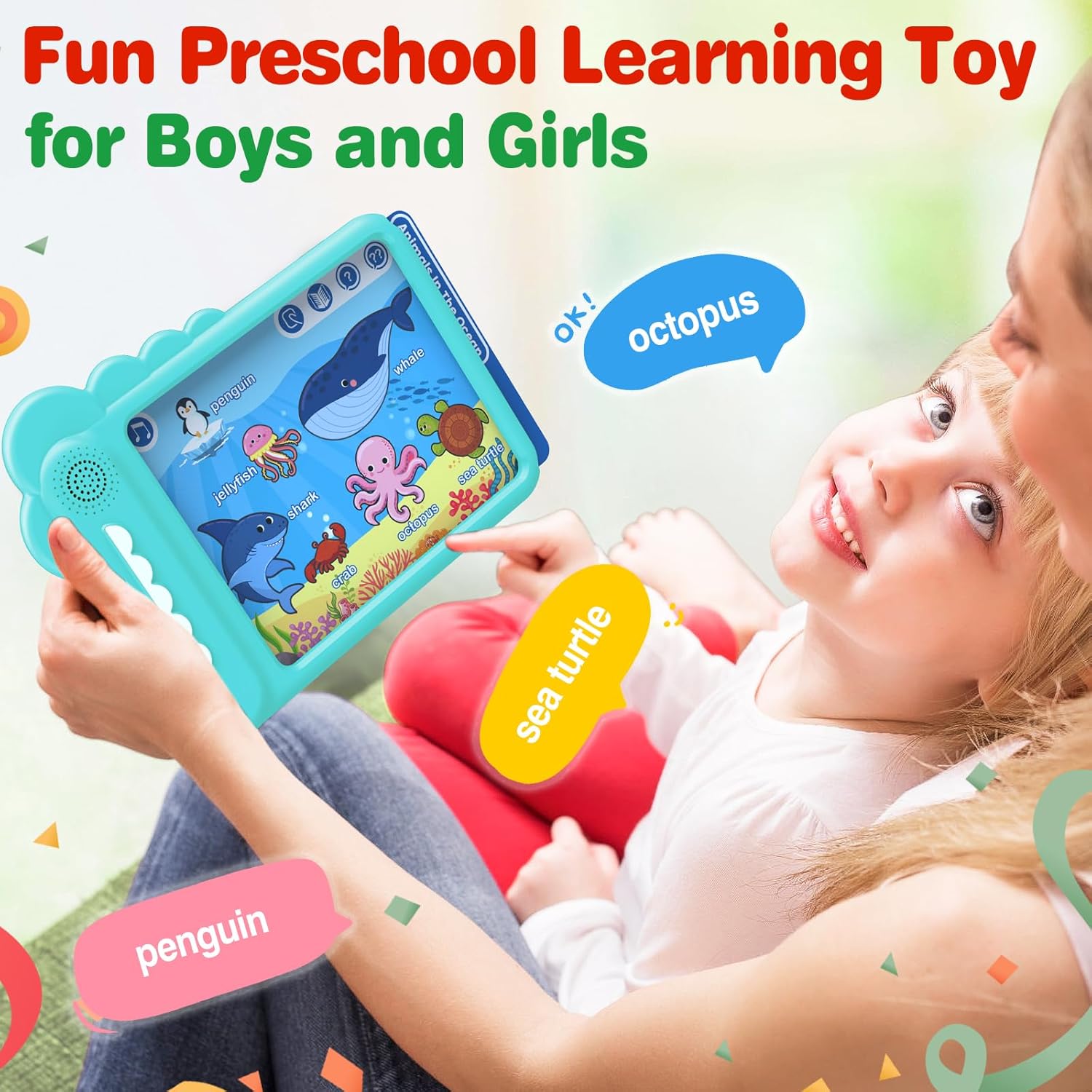 Play & Learn Pad – Tarjetas didácticas parlantes juguetes de aprendizaje con 22 lecciones divertidas para niños y niñas, tableta educativa para