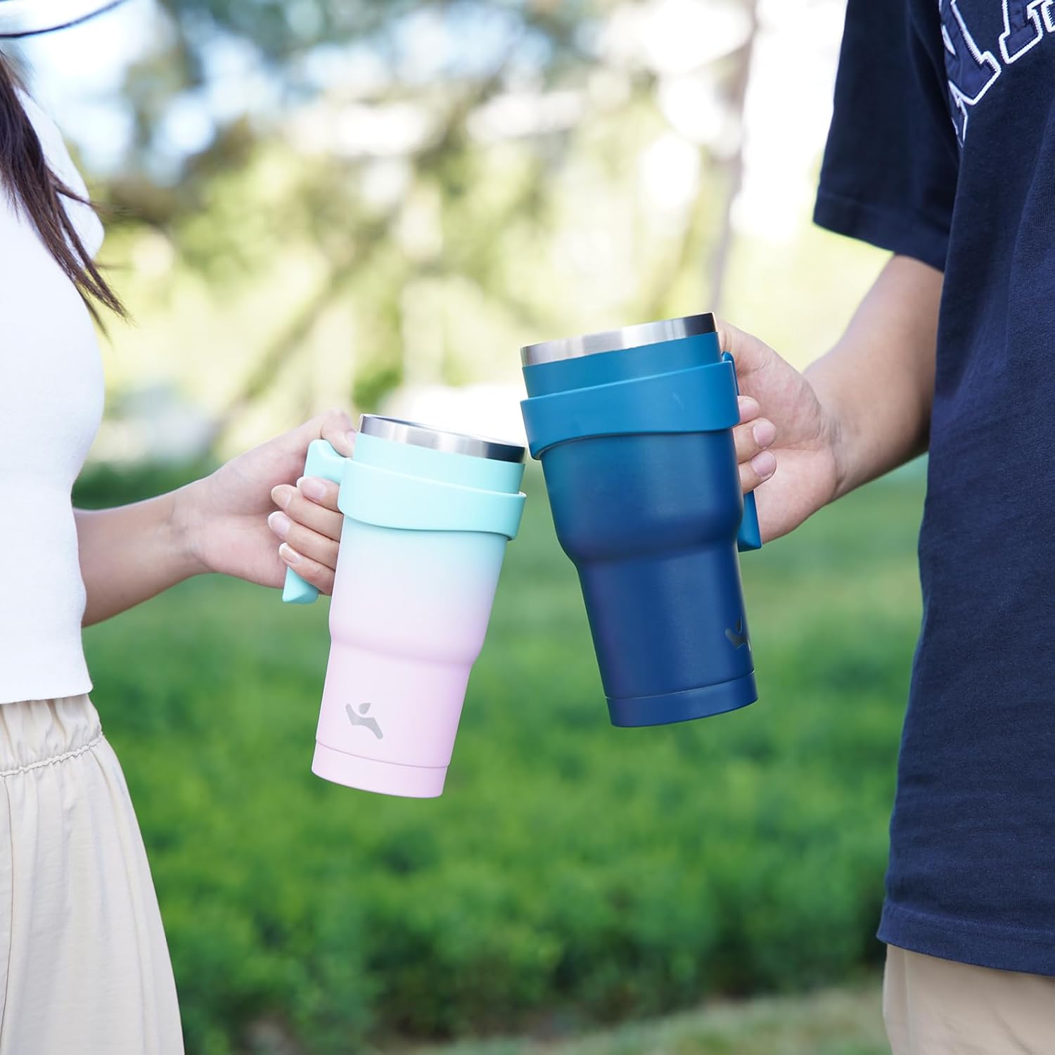 Vaso de 40 onzas con asa y 2 pajillas, 2 tapas, botella de agua aislada de acero inoxidable al vacío, taza reutilizable para viaje, Oasis