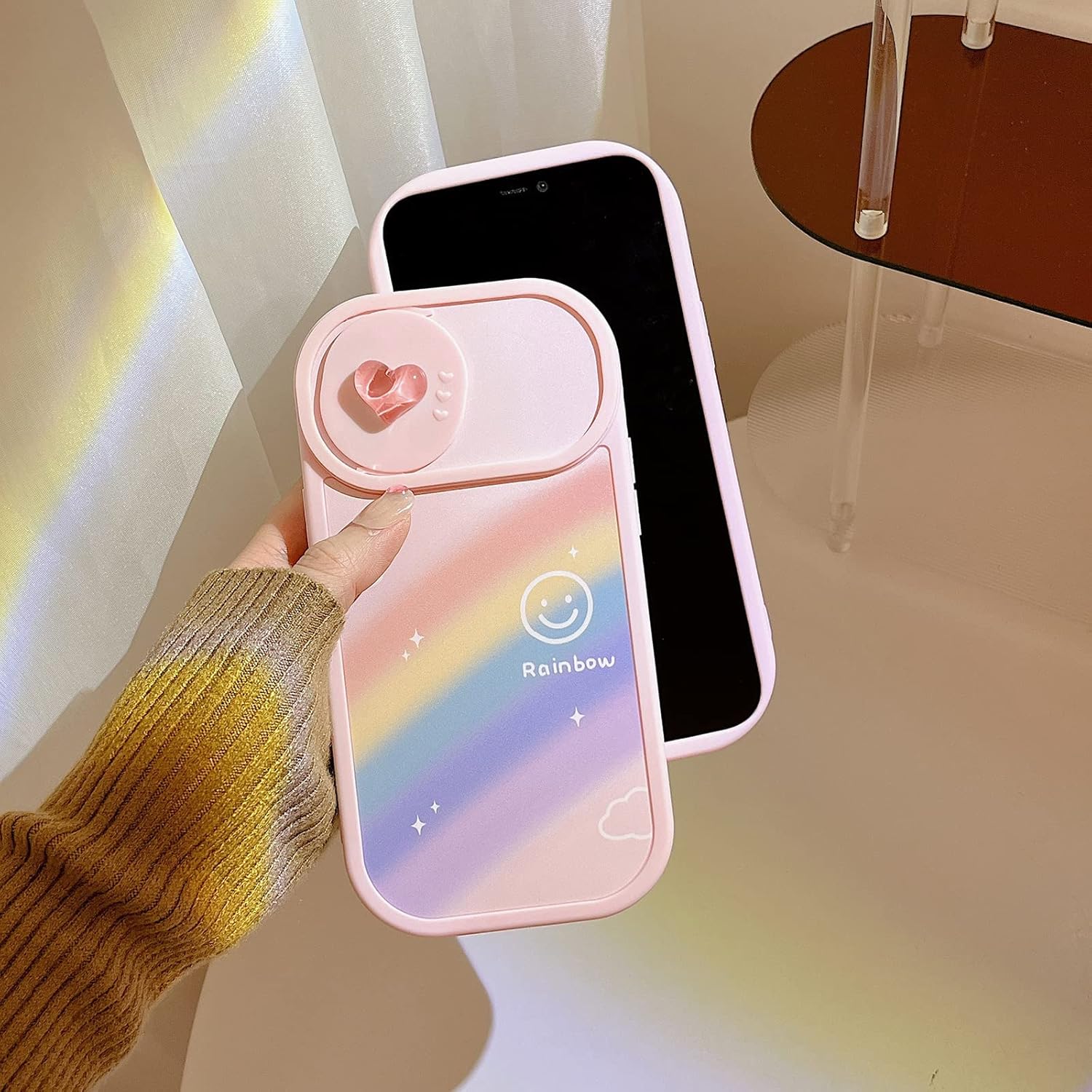 bafokrim Funda de teléfono Kawaii súper protectora para iPhone 11 Pro Max, diseño de arco iris rosa con protector de lente de cámara para mujeres y