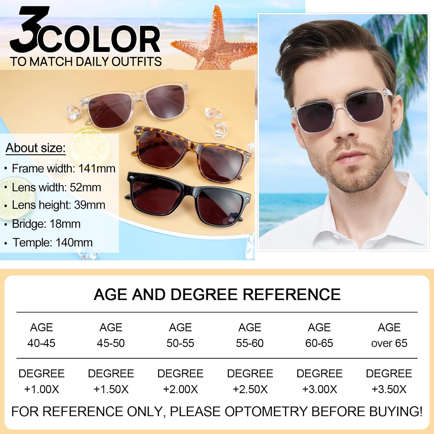 MARE AZZURO Lentes de sol de lectura para hombre, tamaño grande, cuadrado, 1.0, 1.25, 1.5, 1.75, 2.0, 2.25, 2.5, 2.75, 3.0, 3.5, 4.0