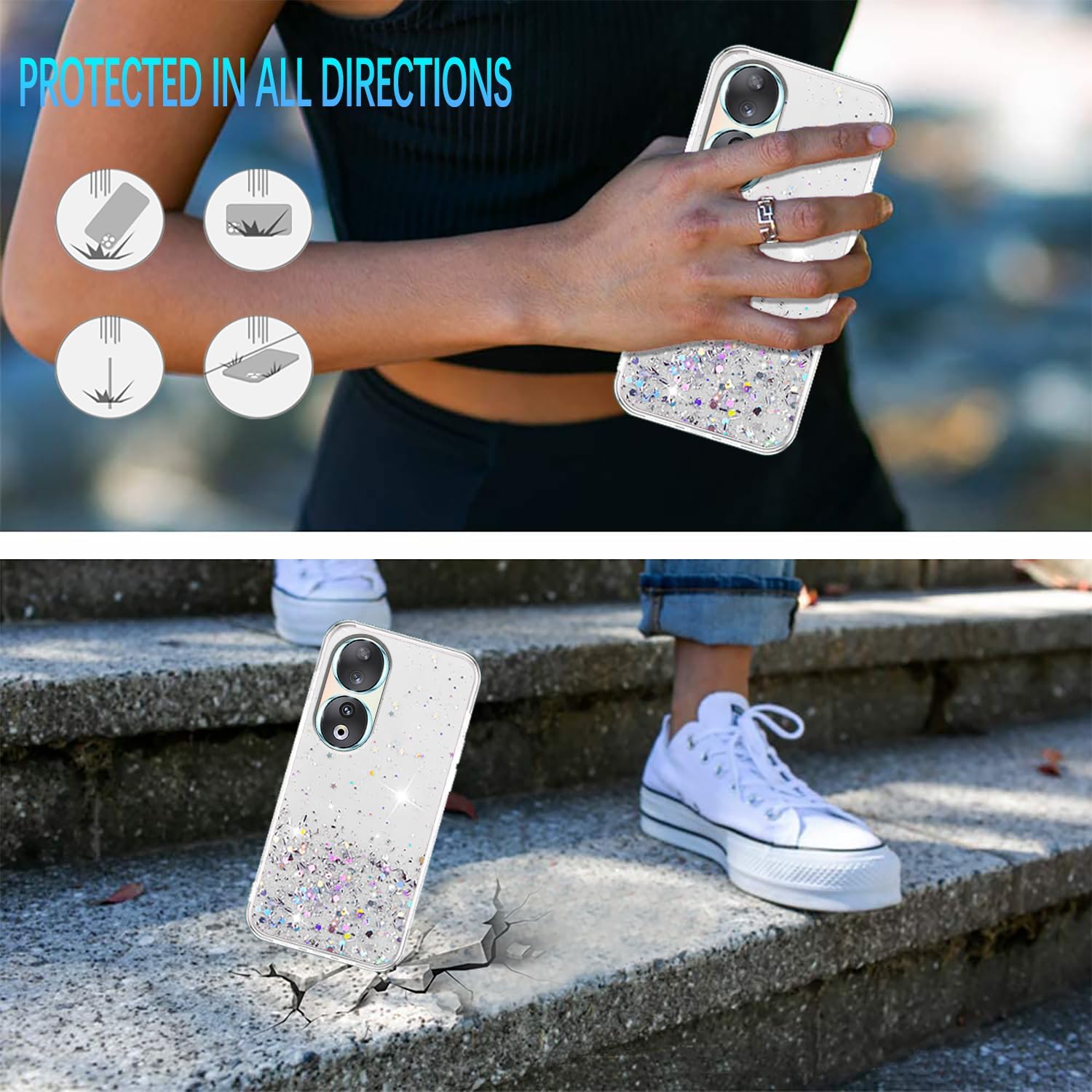 Funda compatible con Honor 90 con purpurina rosa transparente, Honor 90, funda para teléfono Honor 90, silicona transparente de TPU suave, para