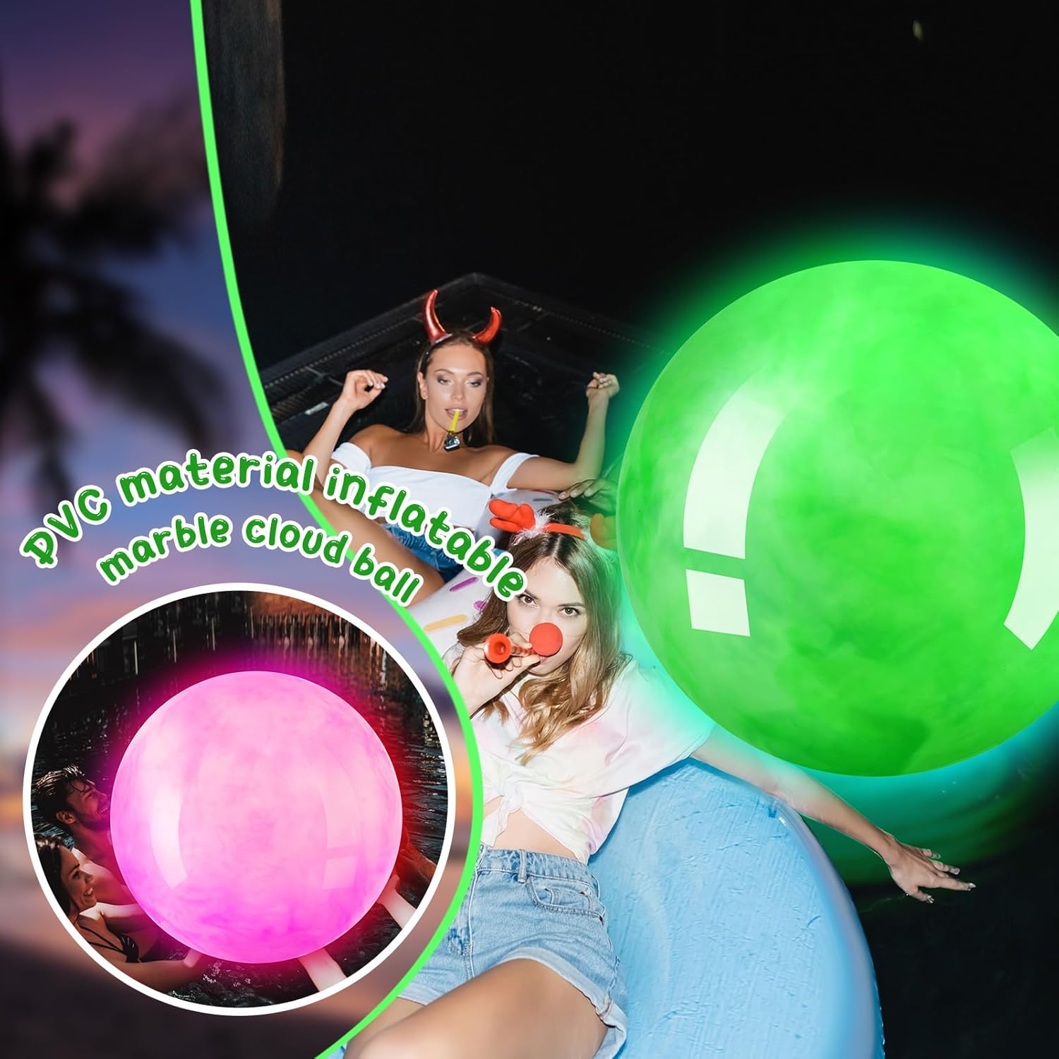 Jenaai 2 bolas inflables de 27 pulgadas que brillan en la oscuridad para niños, pelota de playa con luz LED, bolas inflables grandes y gigantes para