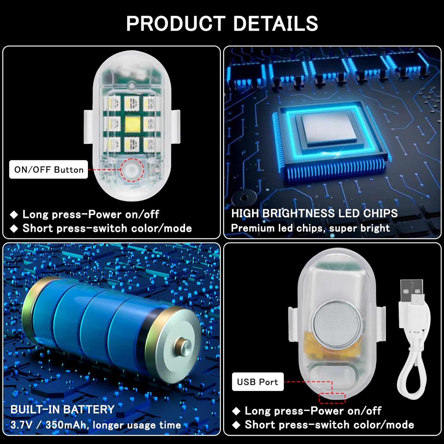SEISSO Paquete de 2 luces estroboscópicas LED anticolisión con control remoto inalámbrico, carga USB, kit de luces estroboscópicas de emergencia