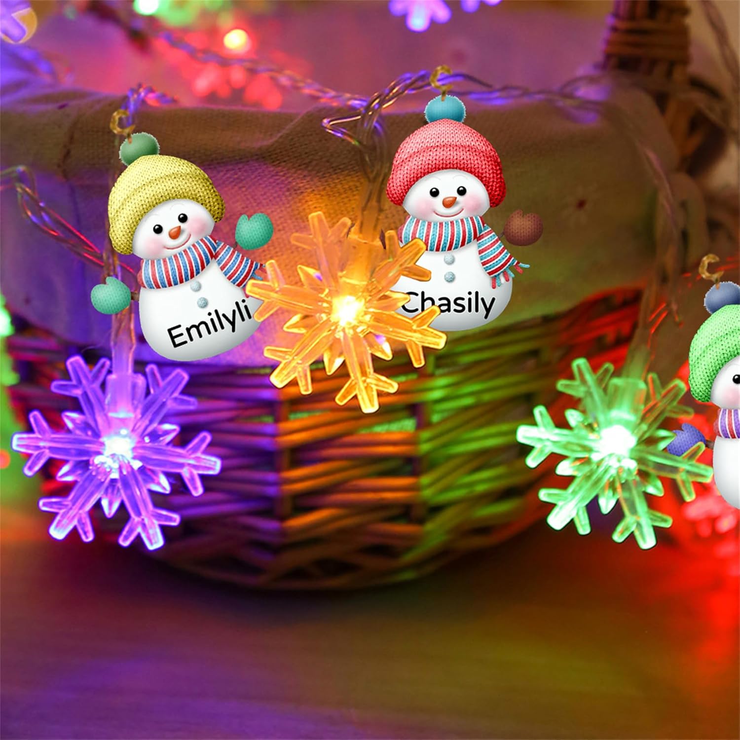 Guirnalda de luces de Navidad personalizadas con nombre, muñeco de nieve personalizado, guirnalda de luces familiares de muñeco de nieve colorido,