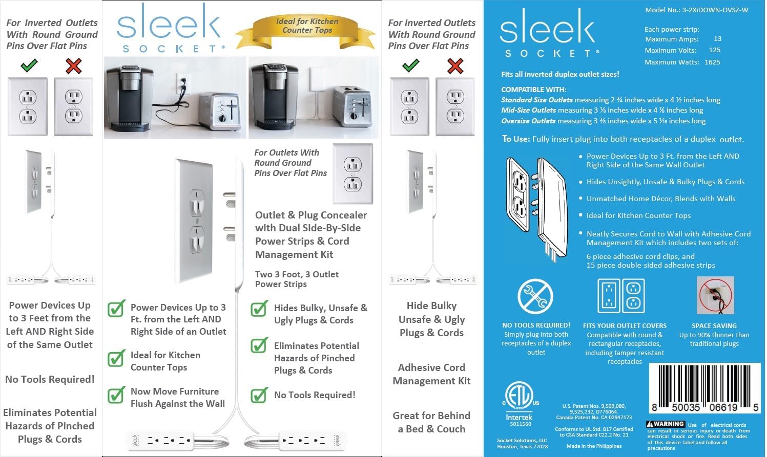 Sleek Socket – El corrector de salida ultrafino original y patentado para tomas de corriente invertidas, dispositivo dual con kit de corrector de