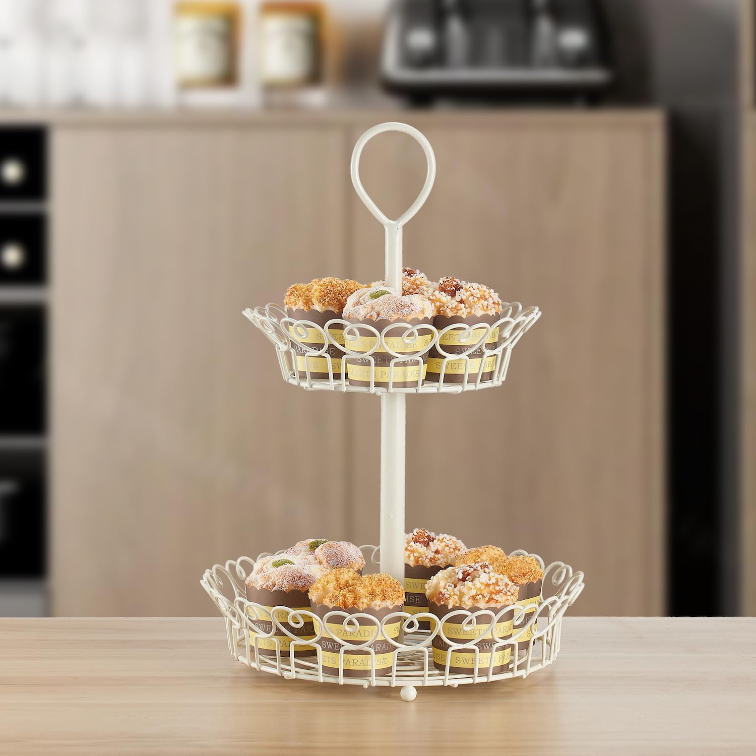 Giftburg Loveland White 2 Tier Countertop Fruit Bread Basket, 2 Tier Display Basket, Fruit Bowl, Vegetable Holder, Kitchen Storage