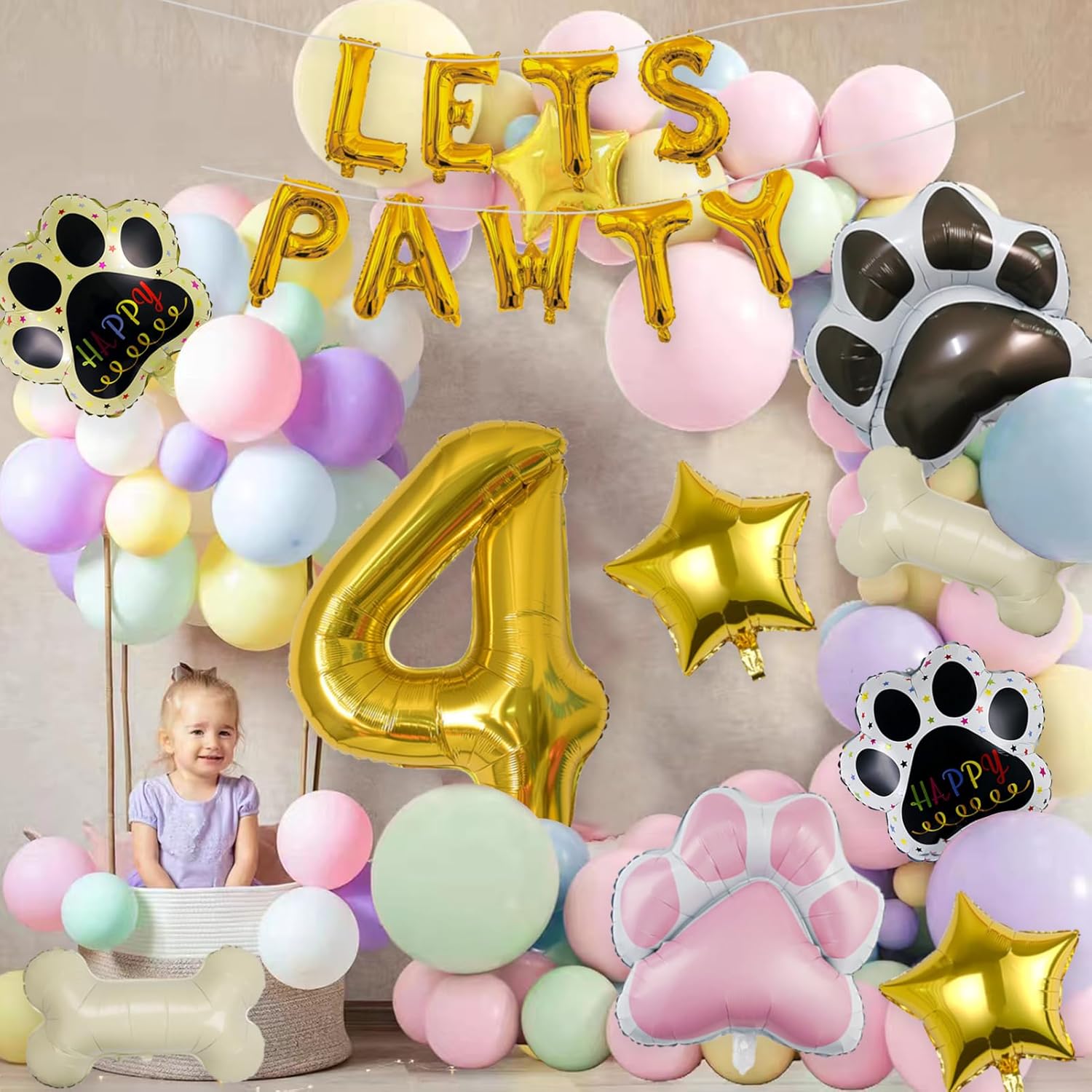 Globos de 4 perro 18 piezas Lets Pawty Balloons Decoración de cumpleaños de pata de perro, globos dorados de 40 pulgadas, 4 globos de aluminio de
