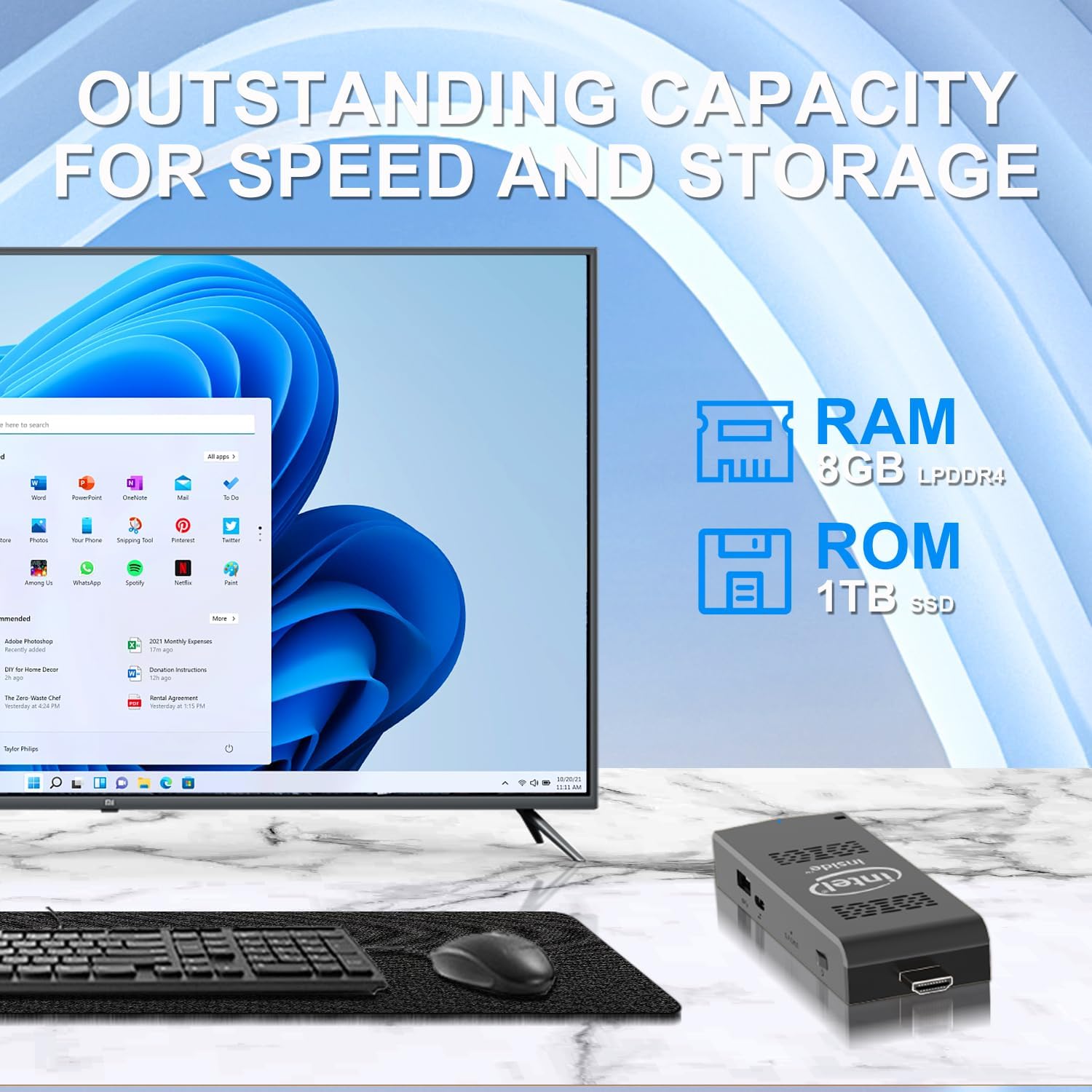 Mini PC Stick Windows 11 Pro Celeron N4020 8GB DDR4 1TB SSD Mini computadora Intel Compute Stick Soporte HDMI 4K 60Hz, Gigabit Ethernet, 2.4G5G