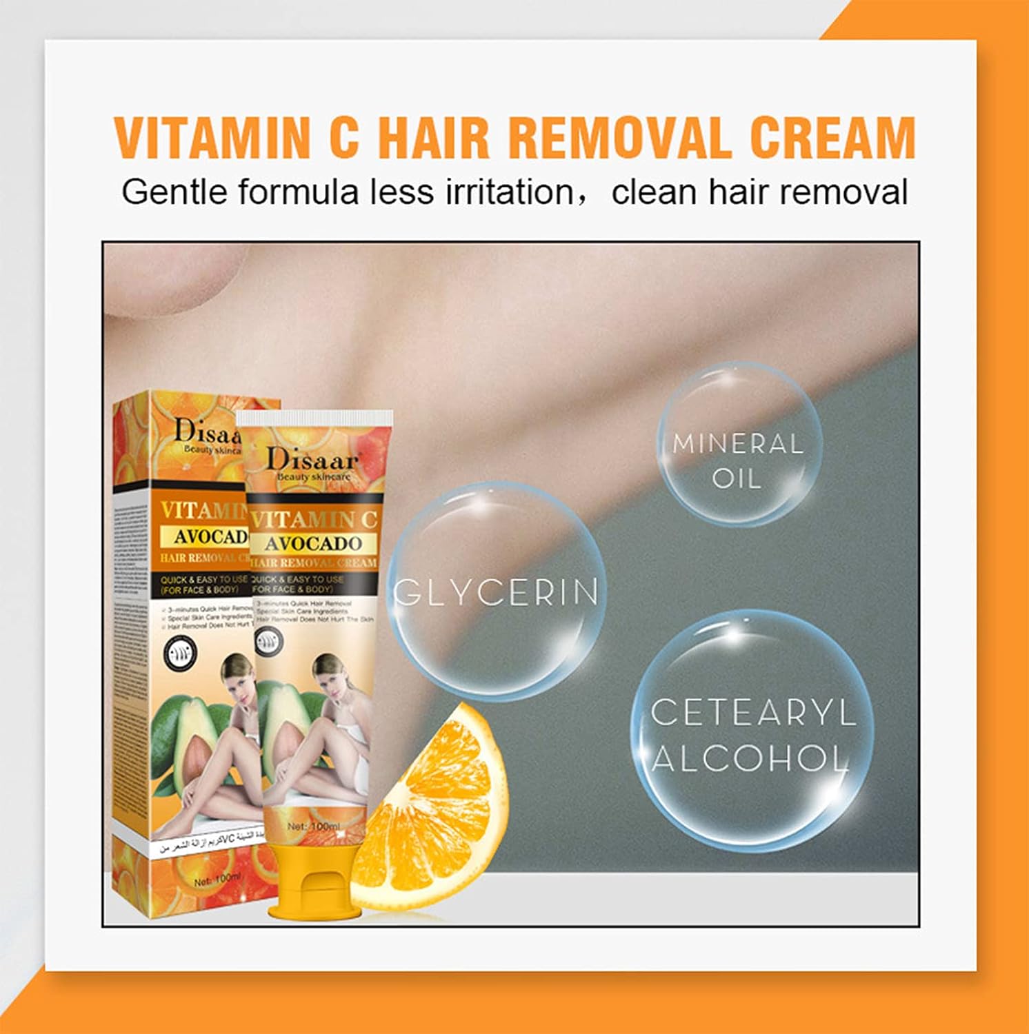DISAAR BEAUTY Vitamina C Aguacate Cara Cuerpo 3 minutos Depilación Rápida Crema Depilación Hidratante Piel 3.4 fl oz