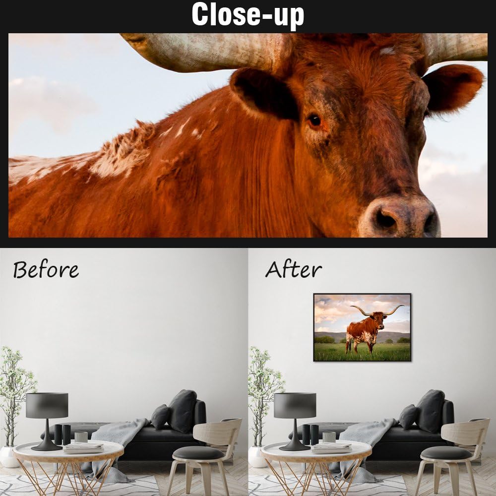 Visual Art Decor Lienzo decorativo para pared, diseño de animales grandes, Texas Longhorn in Sunset Farm, pintura enmarcada y estirada para