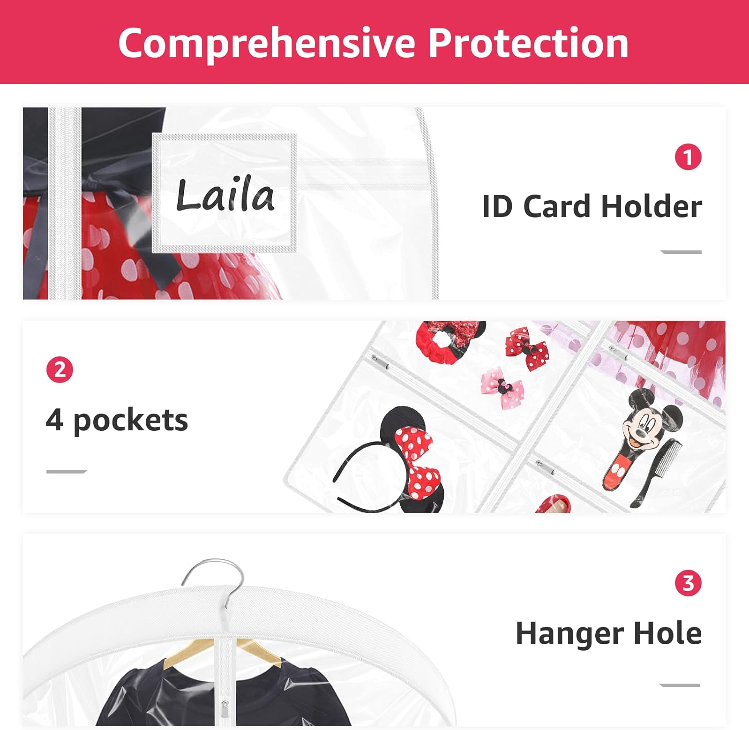 Bolsas transparentes de 40 pulgadas para disfraces de baile para bailarines con 6 bolsillos con cremallera, guillots de 3.3 pulgadas para