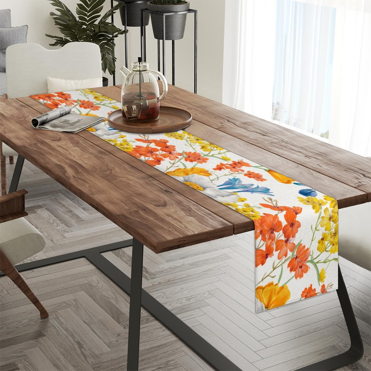 Camino de mesa con flores coloridas de acuarela, mantel de lino rústico para cocina de granja, cena, eventos, fiesta, decoración de mesa de