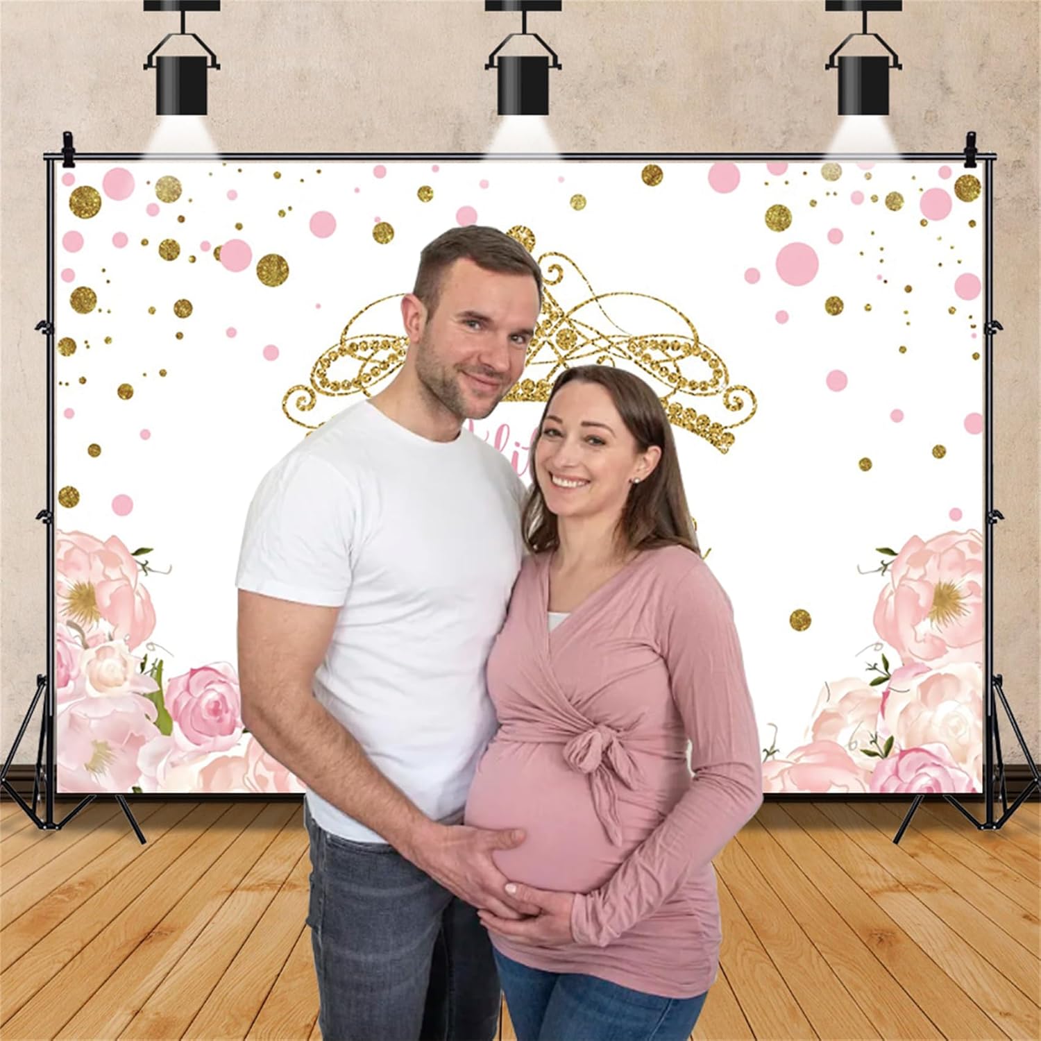 YongFoto Telón de fondo para baby shower con corona dorada de 7 x 5 pies para fotografía floral rosa con texto en inglés “A Little Princess is On