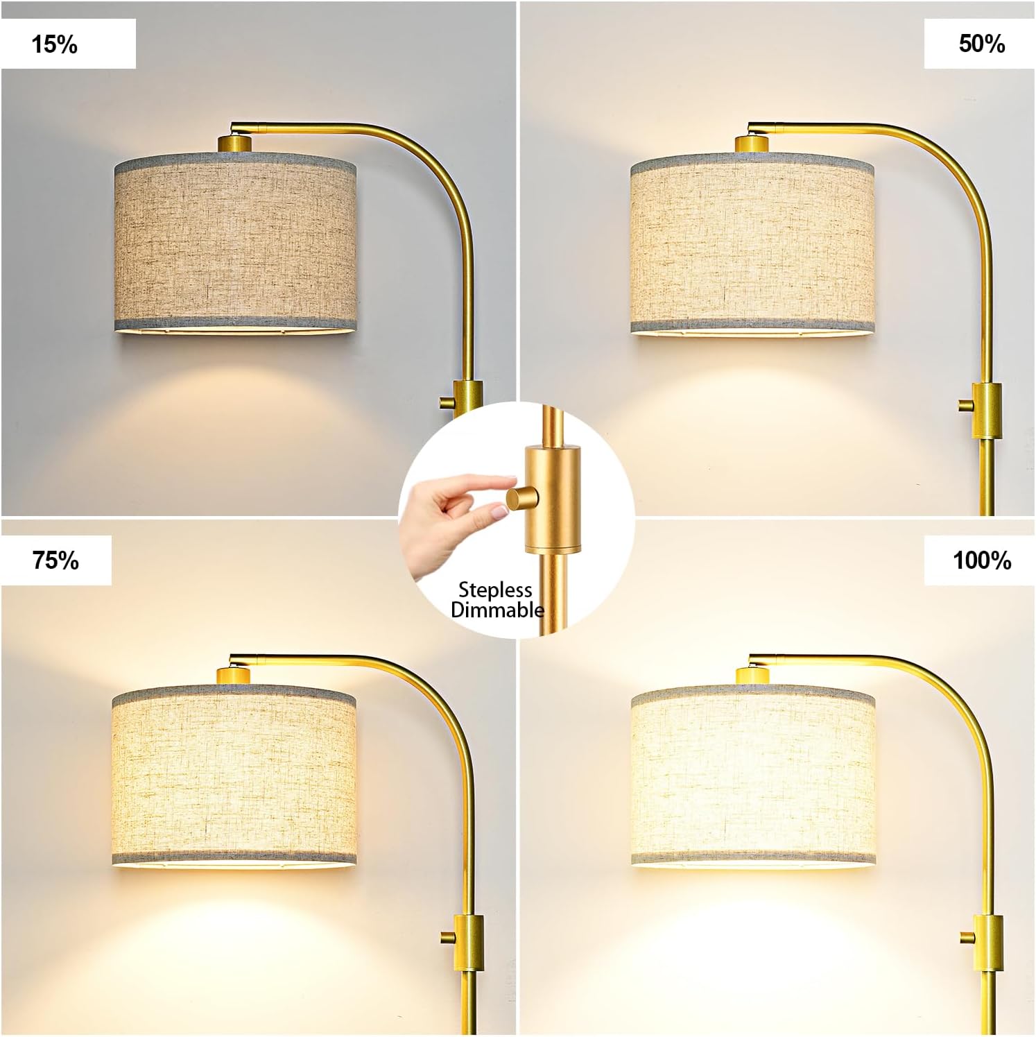 ActualizadaLámpara de pie regulable, bombilla LED de 1200 lúmenes incluida, lámparas de pie de arco dorado para sala de estar, lámpara de pie