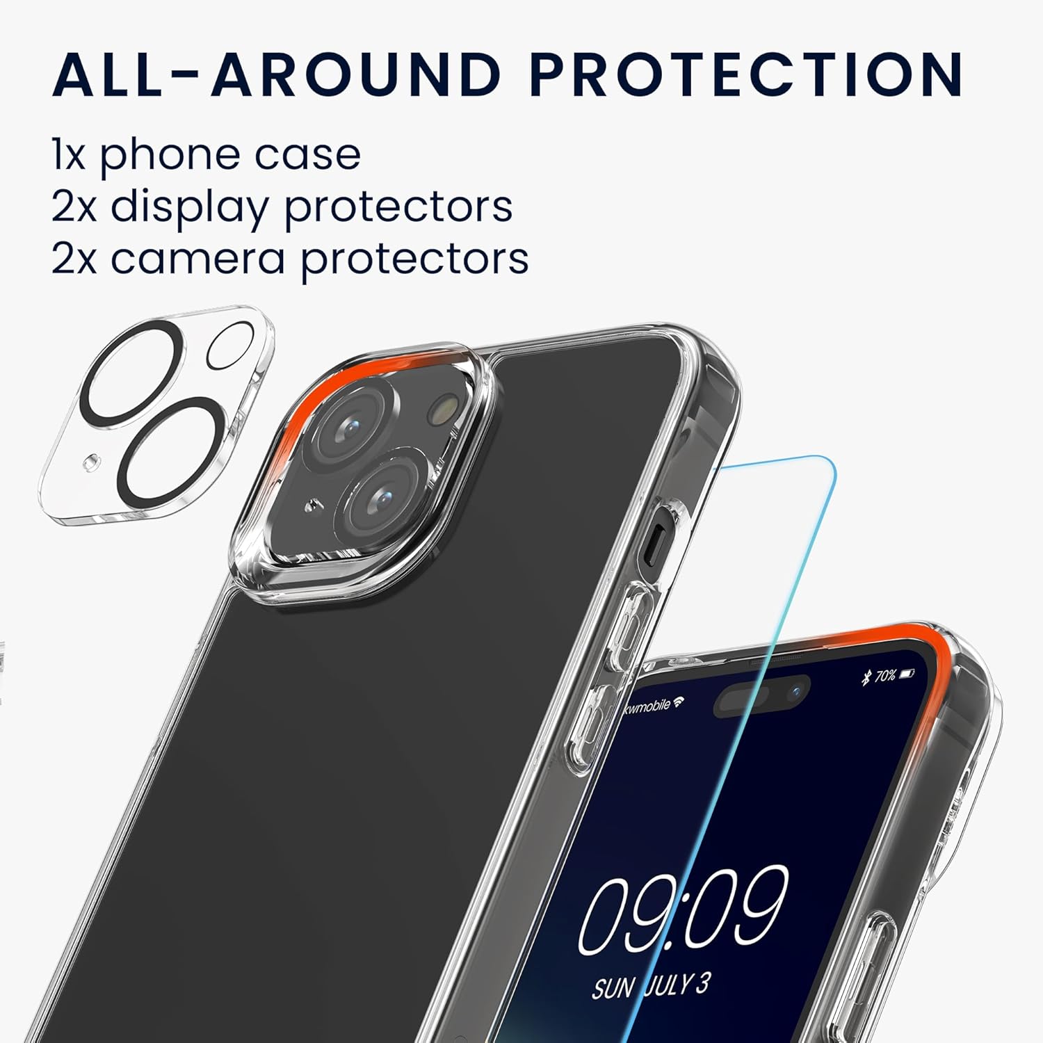 kwmobile Juego de fundas transparentes 5 en 1 compatibles con iPhone 15 Plus, incluye protectores de pantalla y cámara, transparente