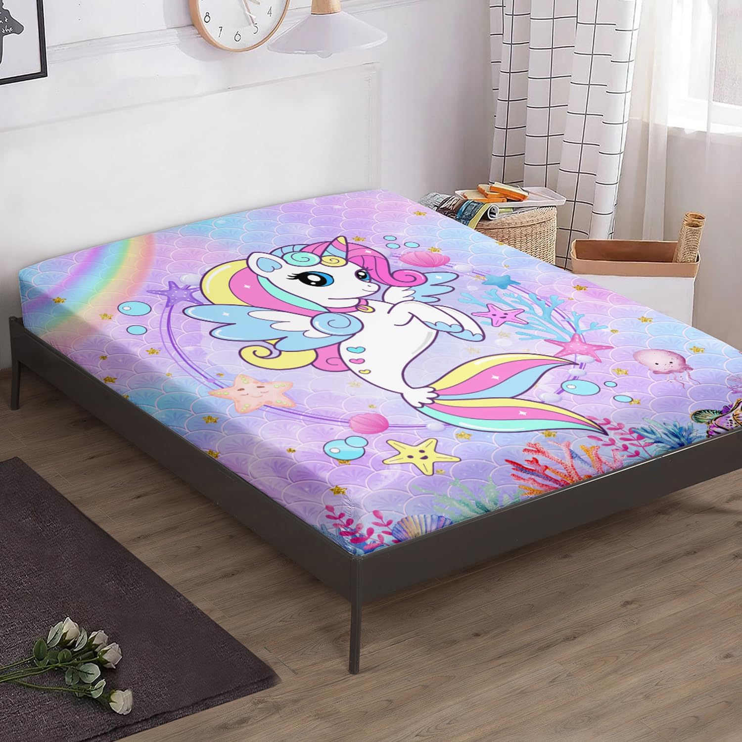 BailiPromise Juego de sábanas de sirena para niños, tamaño Queen, con estampado de unicornio y arcoíris, unicornio y estrella de mar, adecuado para