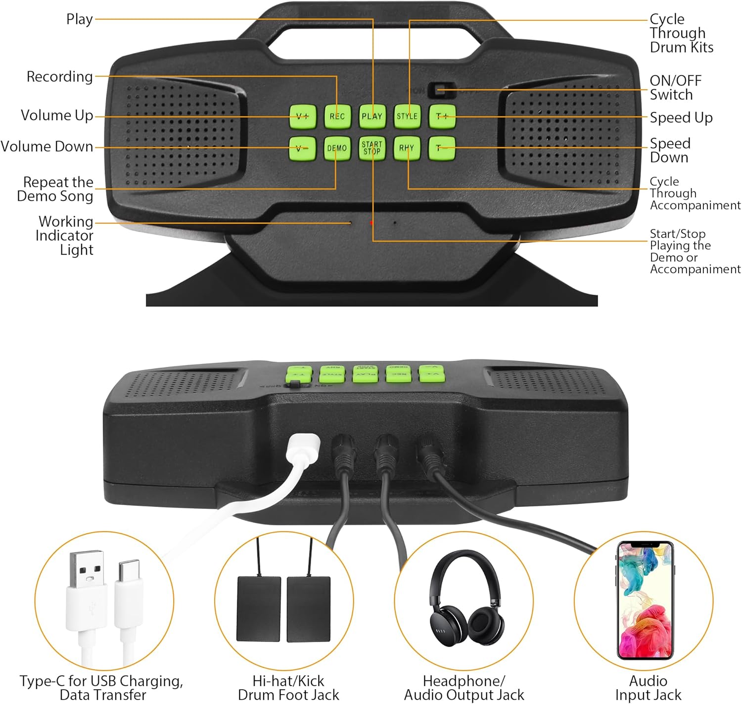 Kit electrónico de batería electrónica, tambor digital enrollable Bonvvie con 9 almohadillas, MIDI, DTC, altavoces duales integrados, batería