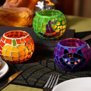 Portavelas de Halloween, juego de 3 portavelas de cristal con mosaico de gato negro, portavelas votivas góticas de calabaza para fiesta de Portavelas de Halloween, juego de 3 portavelas de cristal con mosaico de gato negro, portavelas votivas góticas de calabaza para fiesta de