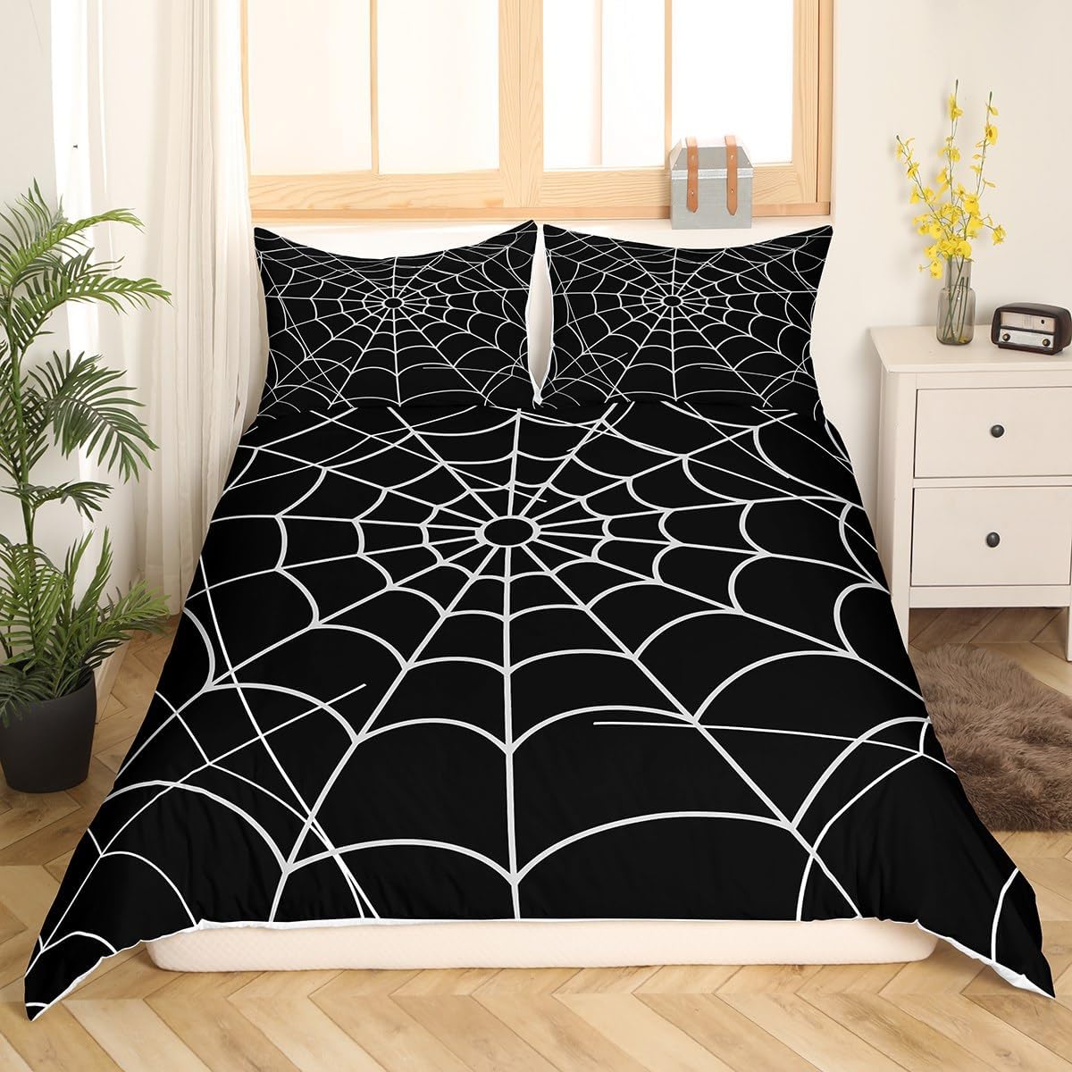 Juego de ropa de cama de tela de araña, tamaño Queen, decoración de Halloween, juego de funda de edredón para niños, adolescentes, niños, niñas,