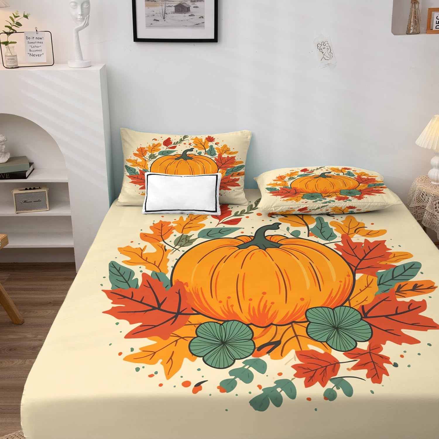 zcsm Juego de sábanas tamaño Queen, sábanas de calabaza de Acción de Gracias, sábanas y fundas de almohada, microfibra suave, bolsillo profundo y