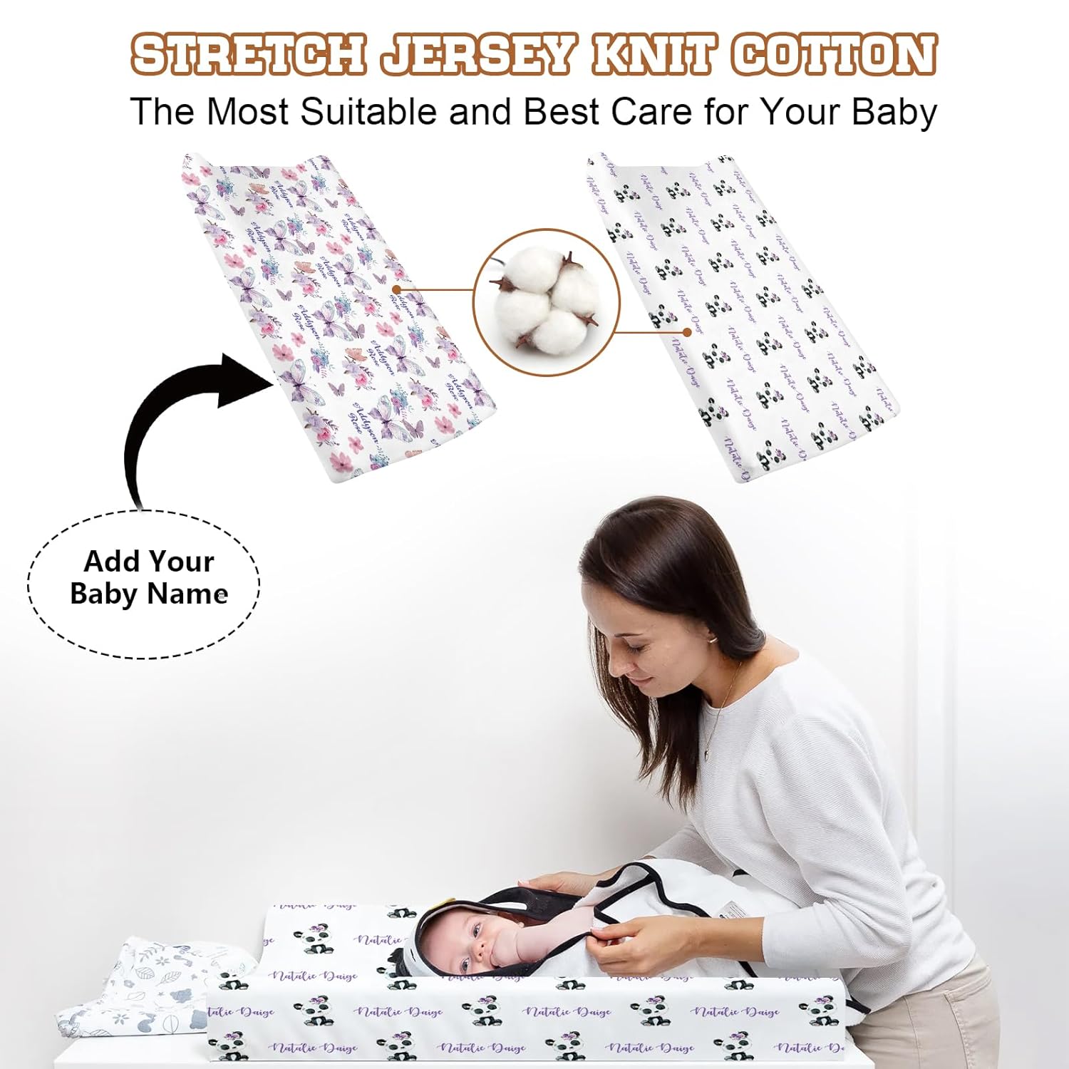 Funda para cambiador personalizada con nombre 2 piezas personalizadas para cambiar pañales con nombre para bebés, fundas de cambiador de punto