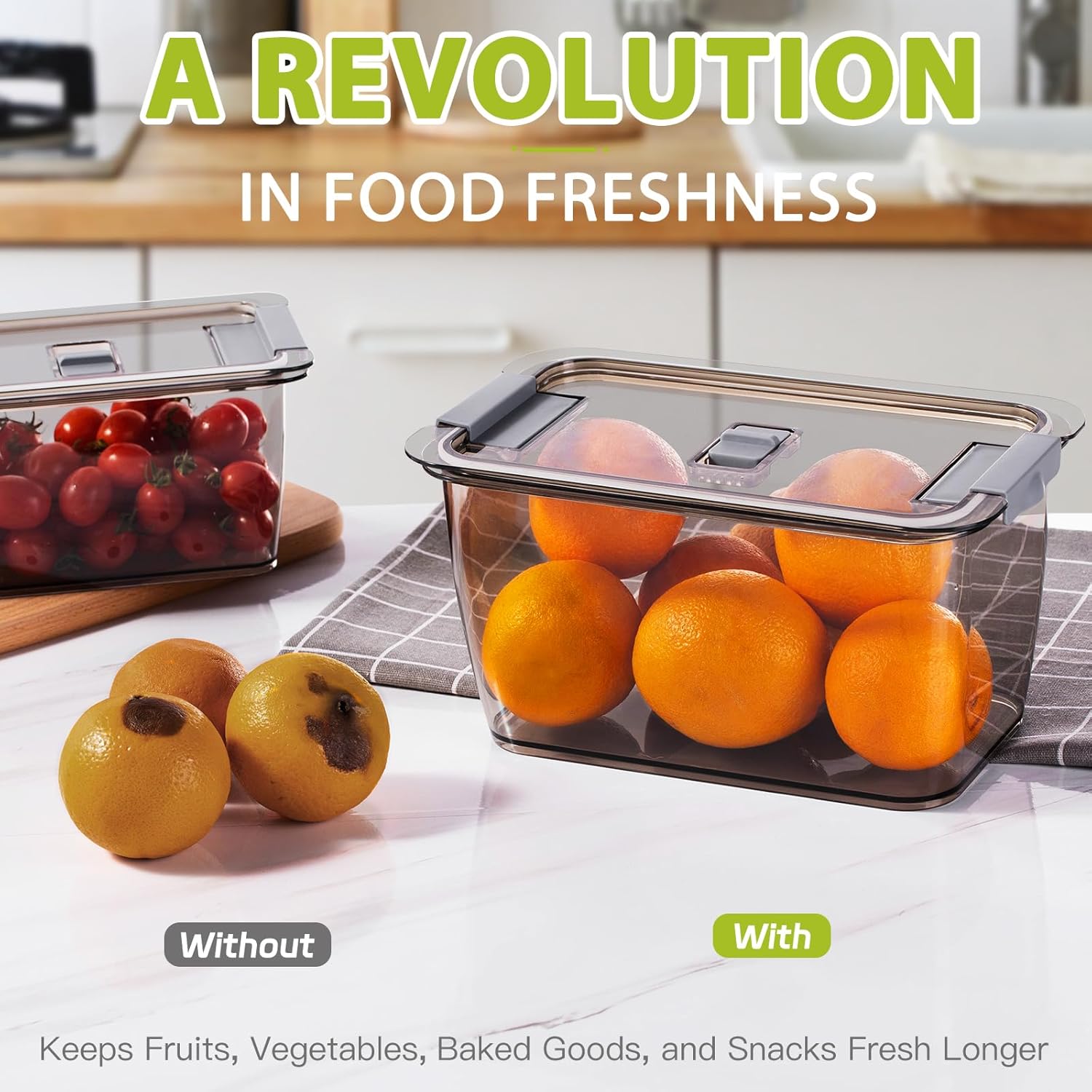 LUXEAR Paquete de 4 recipientes de frutas para refrigerador, contenedor de almacenamiento de verduras con tapas y colador extraíble organizador de