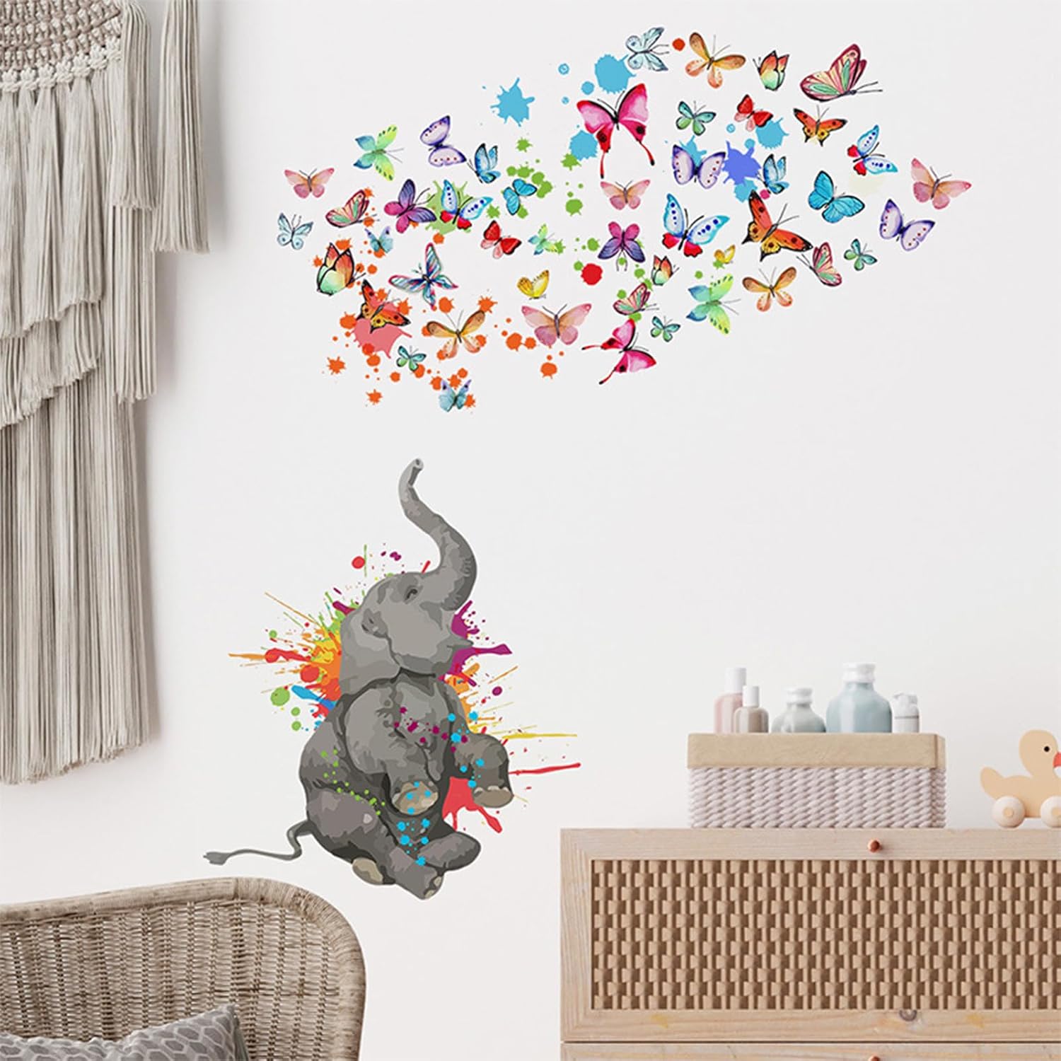 ACEZIYAN Pegatinas de elefante pintado de dibujos animados Pegatinas de pared de mariposa Pegatina de pared colorida Decoración del hogar Sin