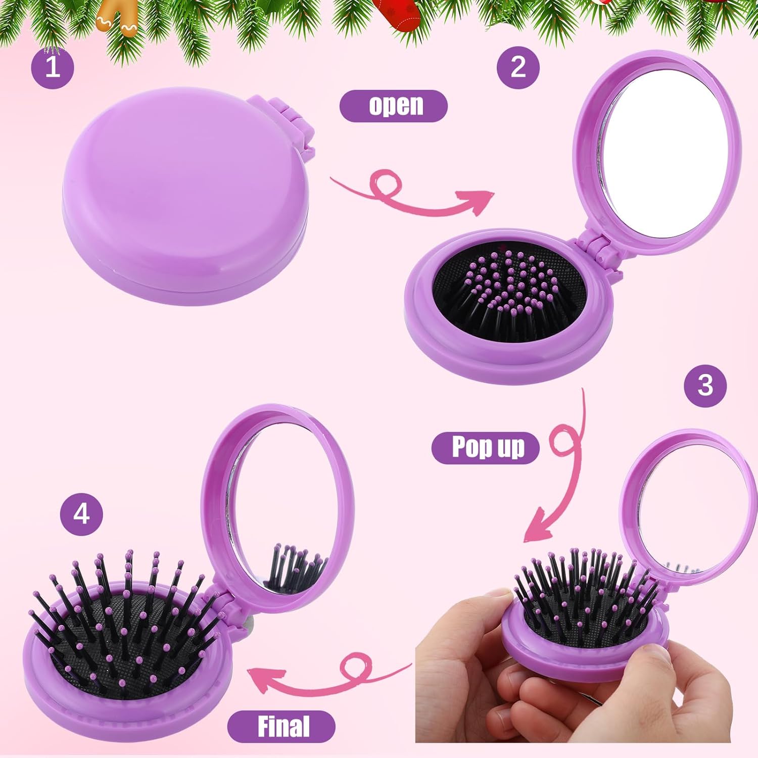 Barydat 50 piezas de calcetines de Navidad, cepillo plegable para el cabello con espejo, cepillo de pelo pequeño portátil a granel, mini peines