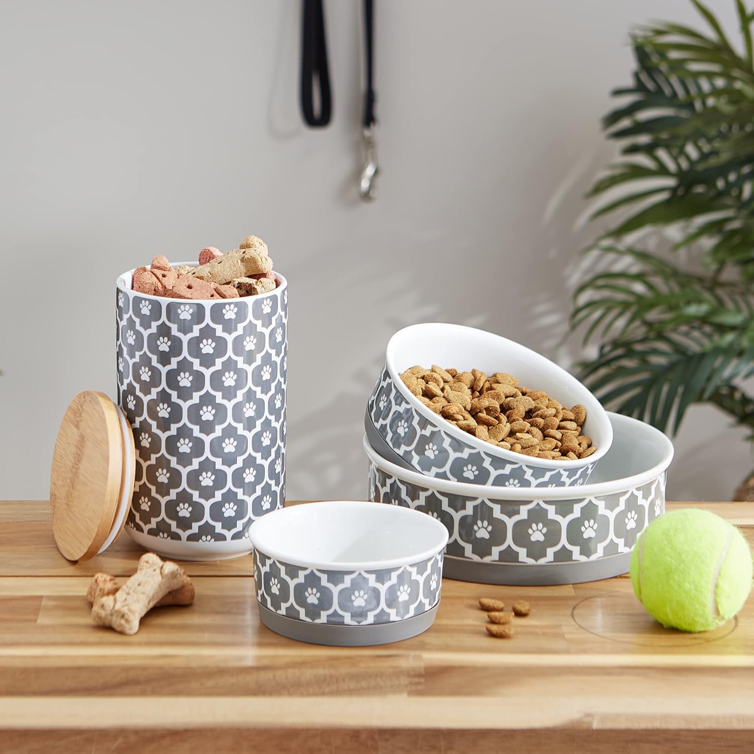 Recipiente y tazón para mascotas Bone Dry Lattice Collection, juego pequeño, 4.25×2 pulgadas, gris, 2 unidades