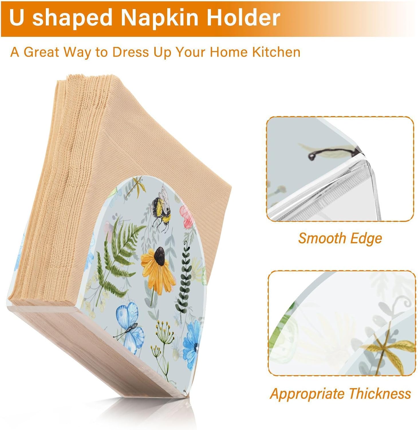 Napkin Holder Wildflowers Butterfly Napkin Holders for Tables, Clear Acrylic Napkin Holders Cocktail Napkin Holder for Kitchen Restaurant Bar Home
