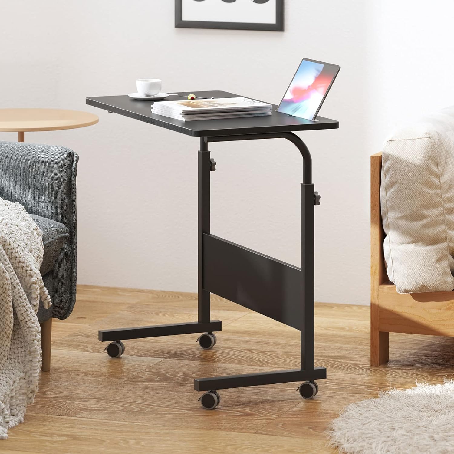 DlandHome Mesa de cama móvil de 31.5 pulgadas, mesa auxiliar ajustable para computadora portátil, escritorio con ranura para tableta, bandeja con