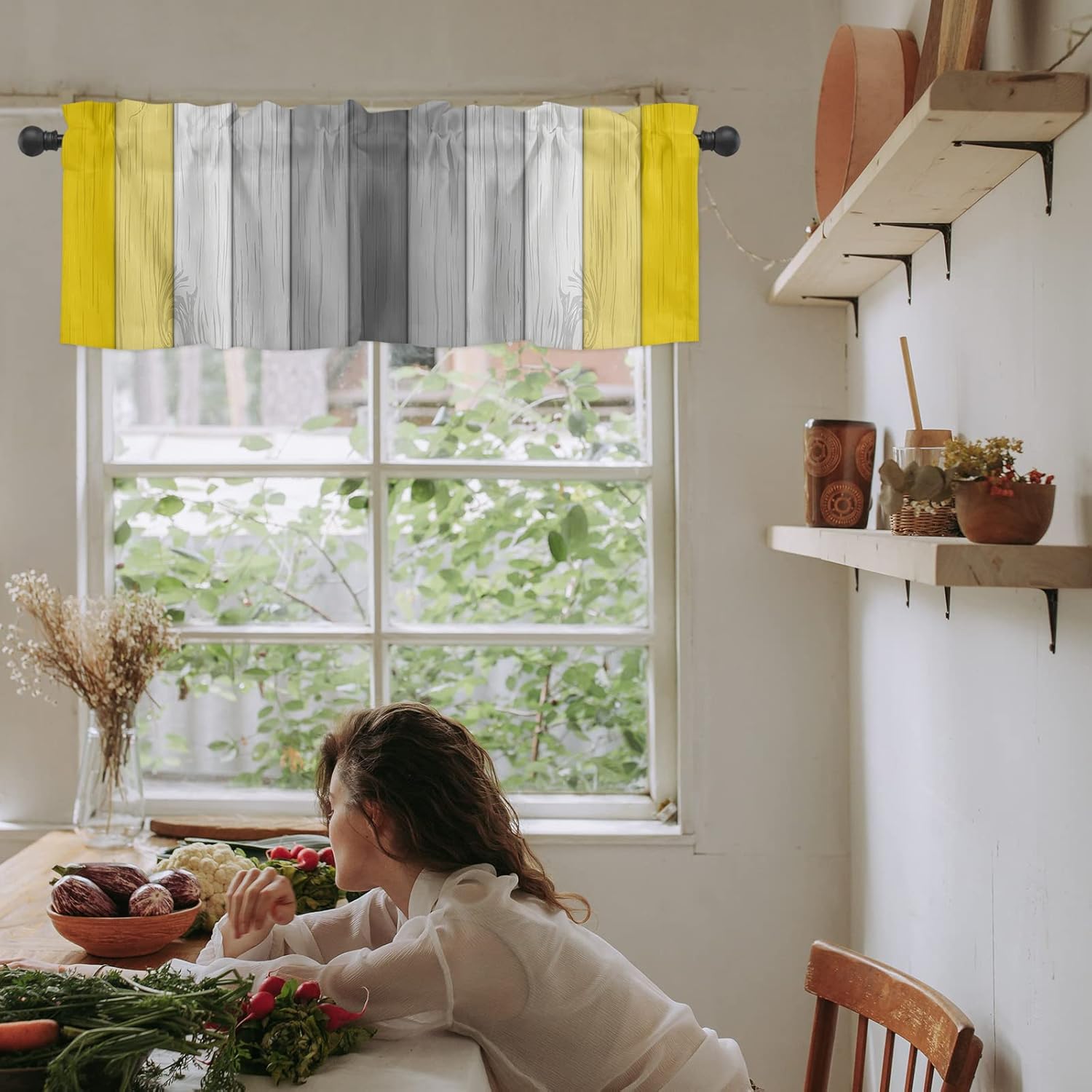 Cortina de cenefa para ventana, retro, rayas amarillas y grises, cenefa de ventana con bolsillo para barra, cenefa de ventana para cocina, sala de