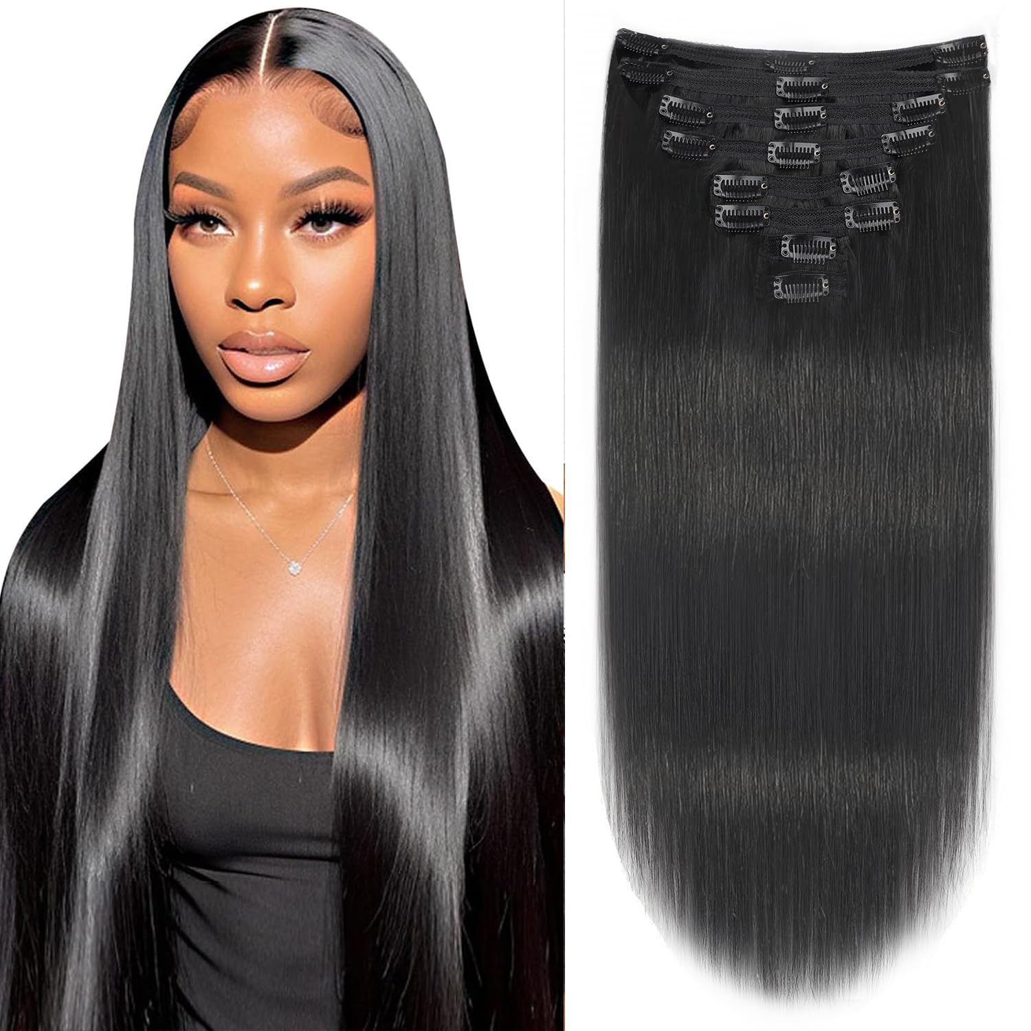 Extensiones de cabello humano lacio con clip, para mujeres negras, 100% sin procesar, cabello virgen brasileño con clip, sin costuras, 8 piezas con