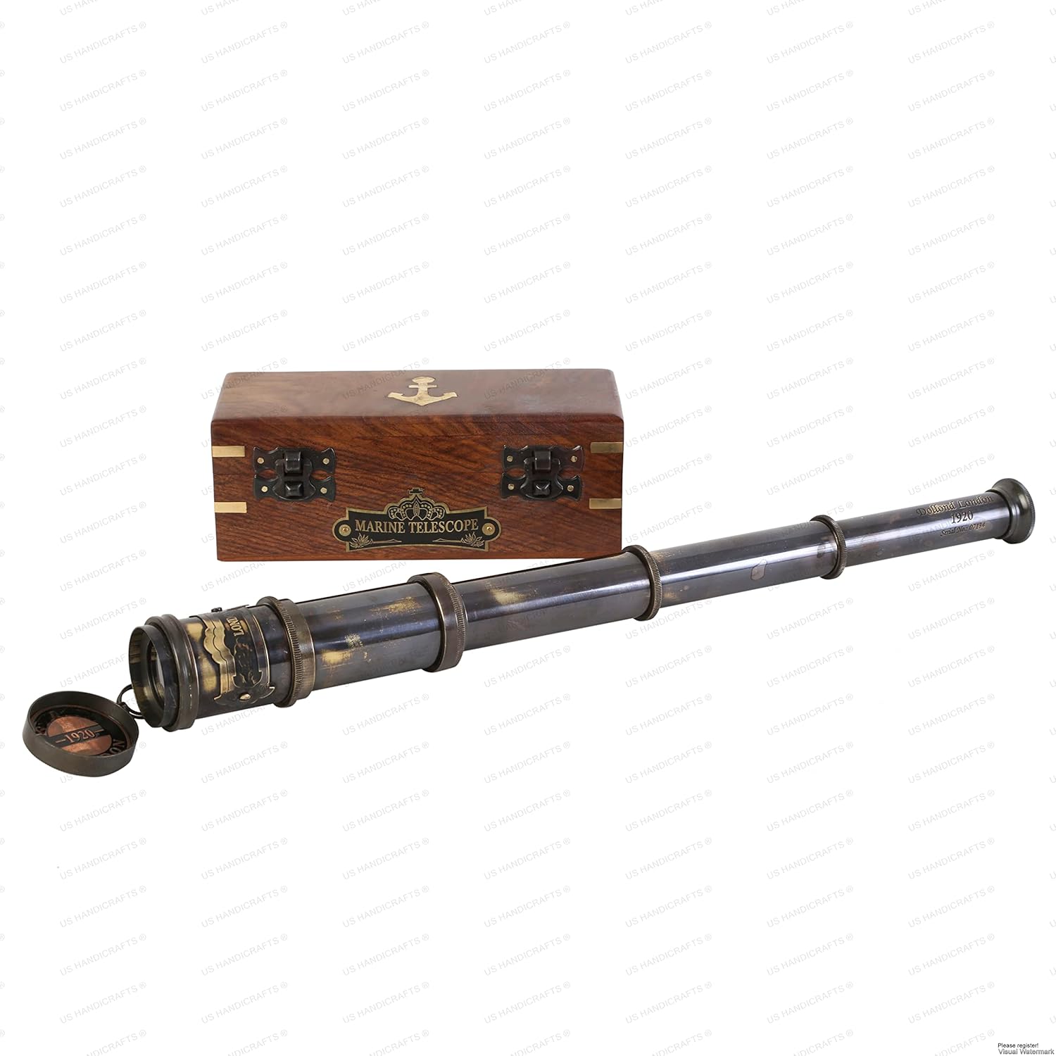 US HANDICRAFTS – Telescopio de mano náutico vintage de latón con caja de madera  Cristal espía de capitán náutico