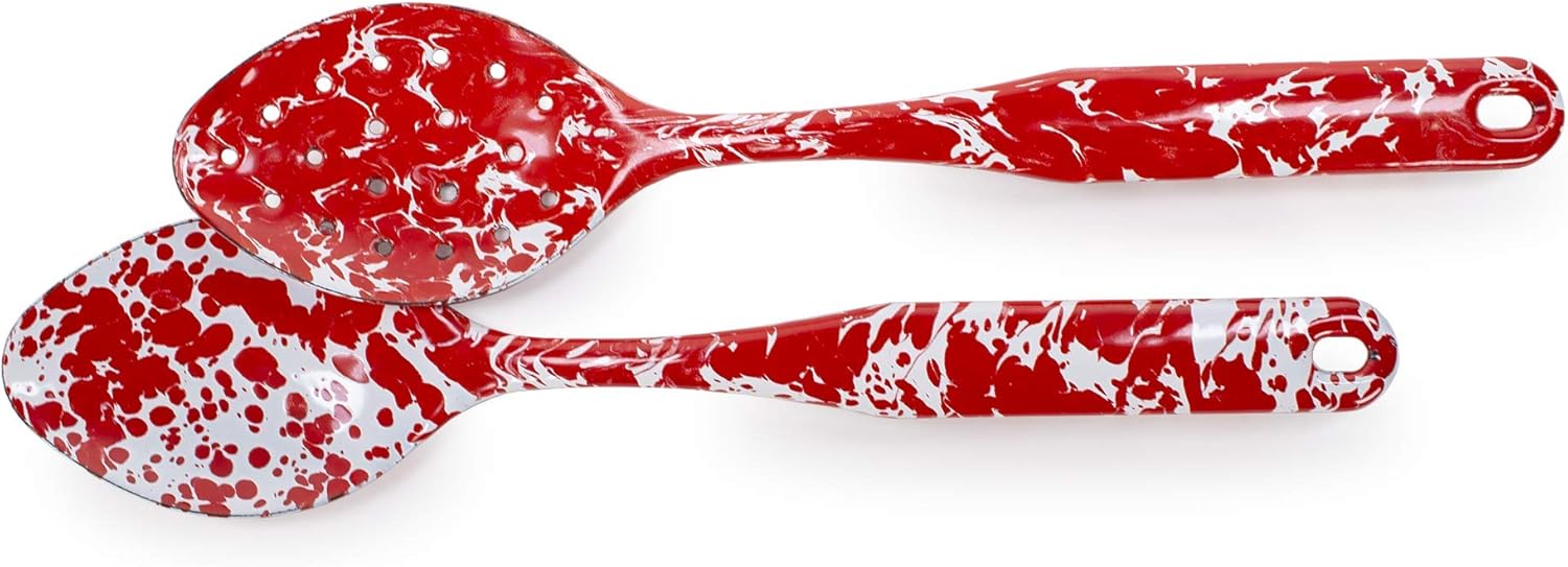 Golden Rabbit Enamelware – Juego de cucharas de 2 piezas (Remolino Rojo)