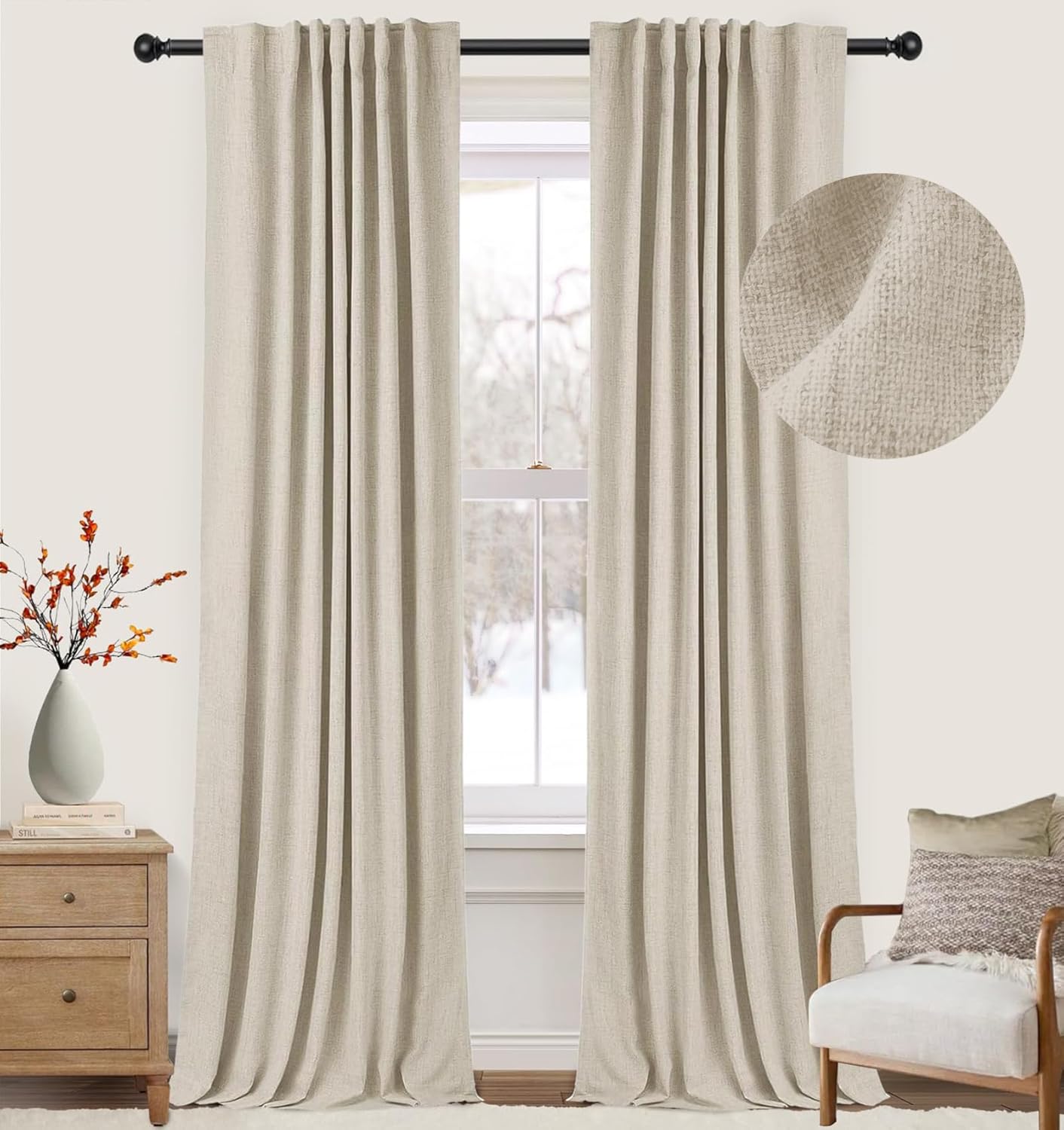 zeerobee – Cortinas blackout, 100% opacas, 2 paneles, lino, aislamiento térmico, pestañas traseras, bolsillo para cortinero, para sala de estar y