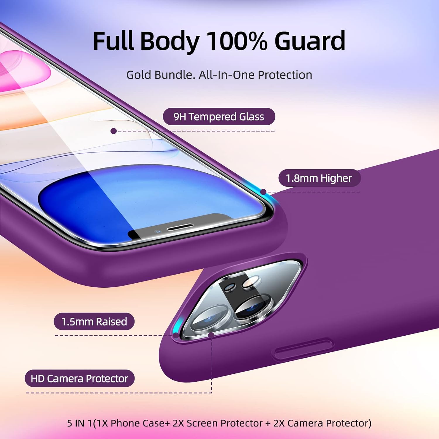 Funda 5 en 1 para iPhone 11 de 6.1 pulgadas, con 2 protectores de pantalla + 2 protectores de lente de cámara, funda protectora delgada de silicona