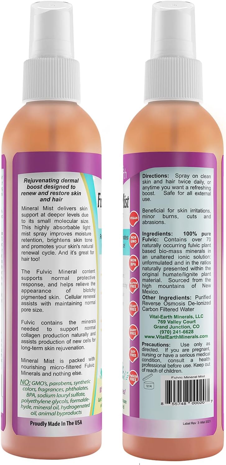 Vital Earth Minerals Fulvic – Bruma facial mineral para el cuidado de la piel y el cabello, espray facial hidratante, renovación celular y