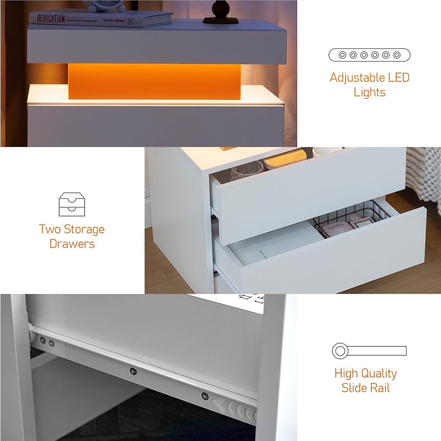 DobleCliCli Juego de 2 mesas auxiliares LED, moderna mesita de noche con 3 luces LED y 2 cajones, muebles LED para dormitorio, sala de estar y sala