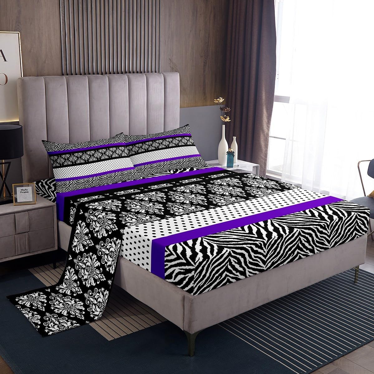 Juego de sábanas con estampado abstracto de cebra, tamaño King, para niños, adolescentes, diseño de retazos de flores, rayas, negro, blanco, morado,