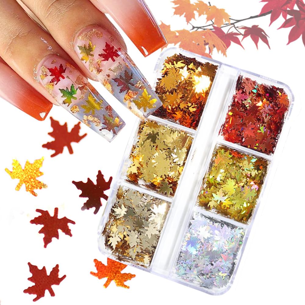 Arte de uñas de hoja de arce, brillantina, arte de uñas de otoño, holográfico 3D, 6 colores, láser de hojas de otoño, calcomanías de lentejuelas de