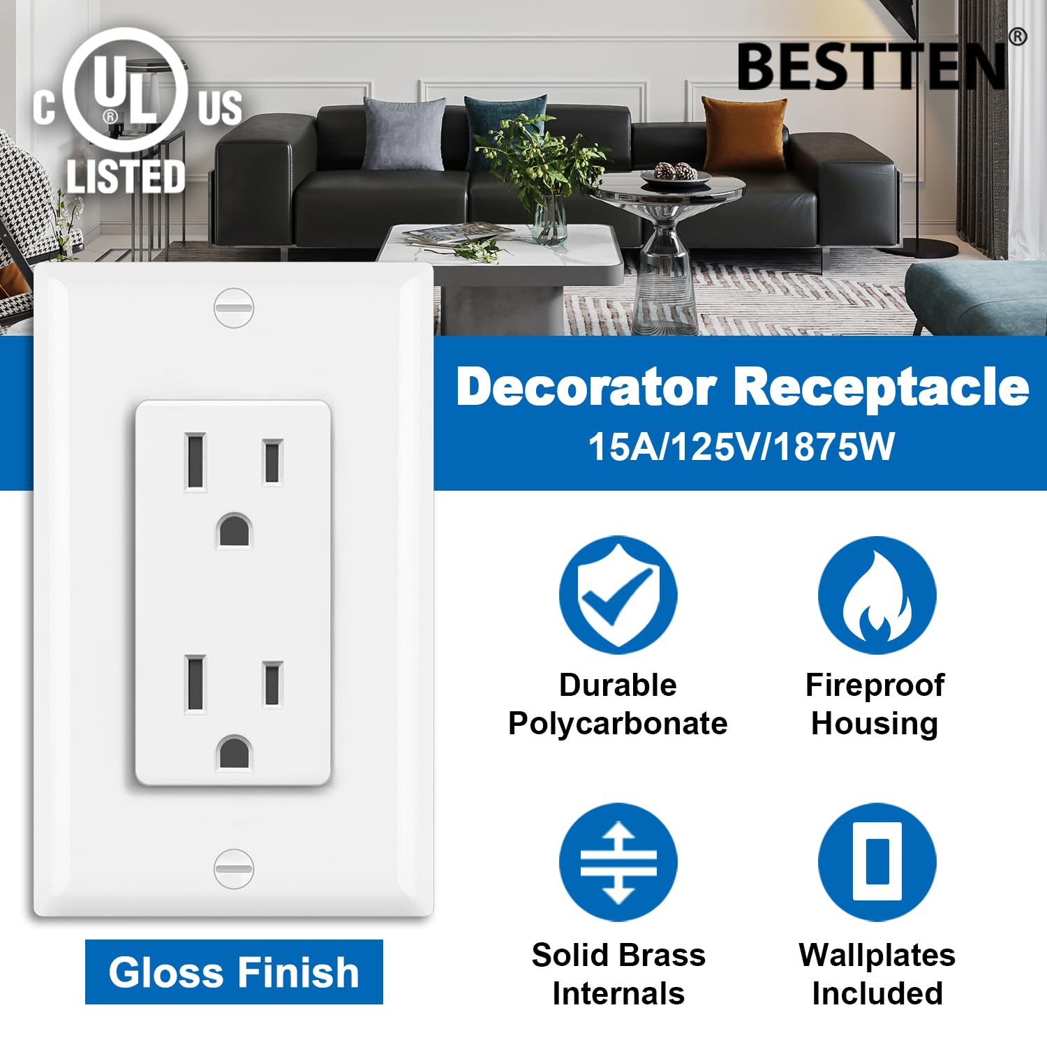 BESTTEN Toma de pared decorativa de 15 amperios, receptáculo no resistente a manipulaciones, placa de pared incluida, 15A125V1875W, certificación