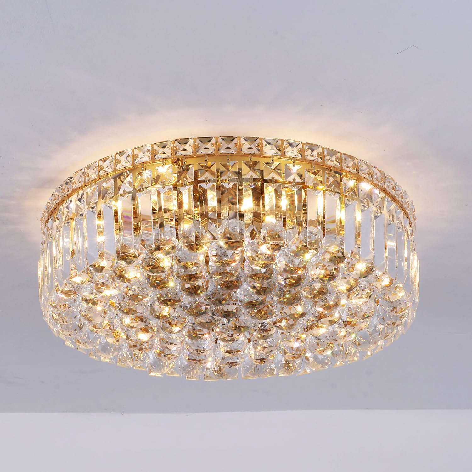 CEENLI Lámpara de araña de cristal dorado con 6 luces de montaje empotrado, lámpara de techo moderna de cristal K9, elegante lámpara colgante para
