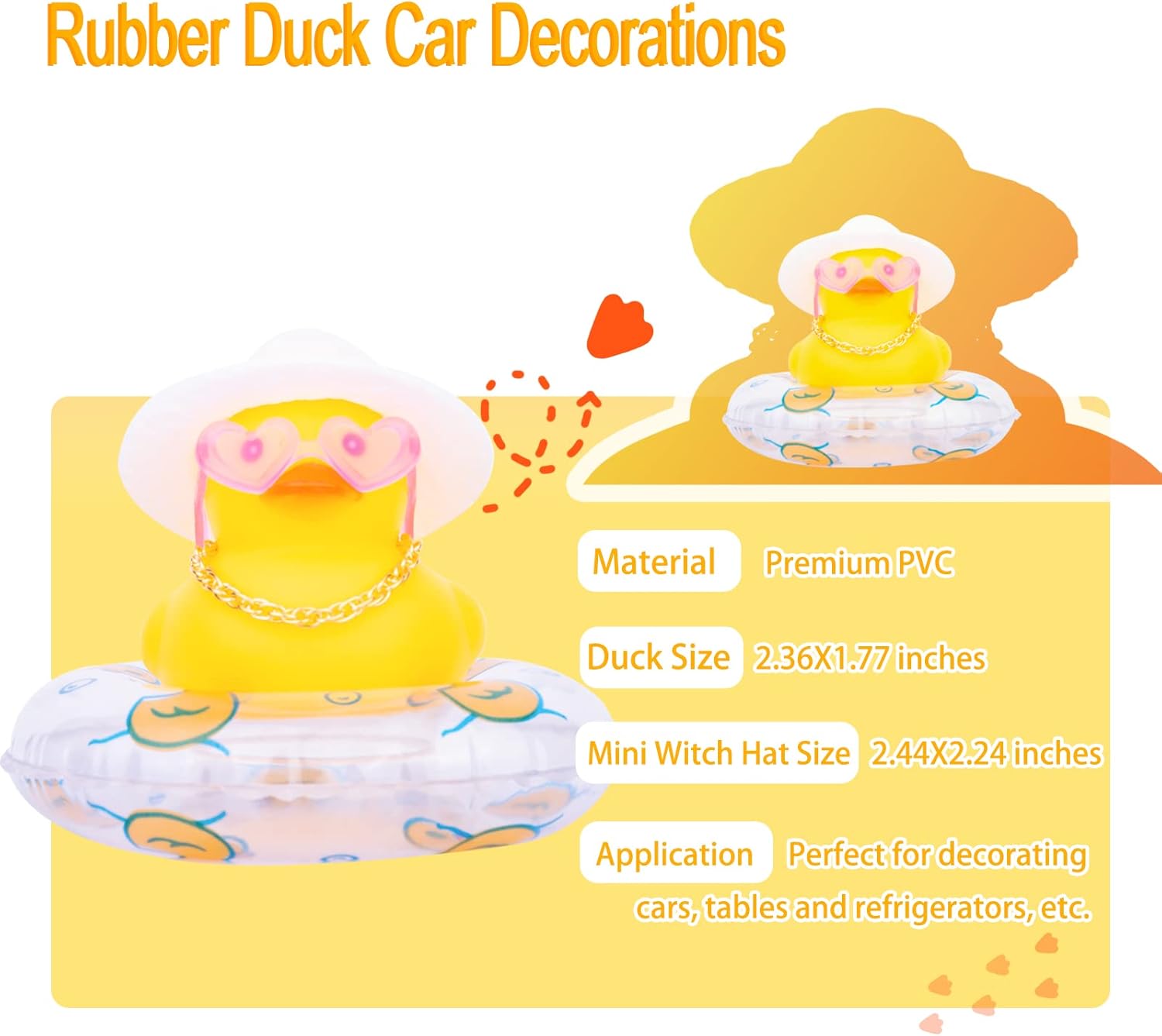 Adornos de pato amarillo para automóvil, decoración de tablero de automóvil con gafas de amor, mini anillo de natación, sombrero de sol, collar para