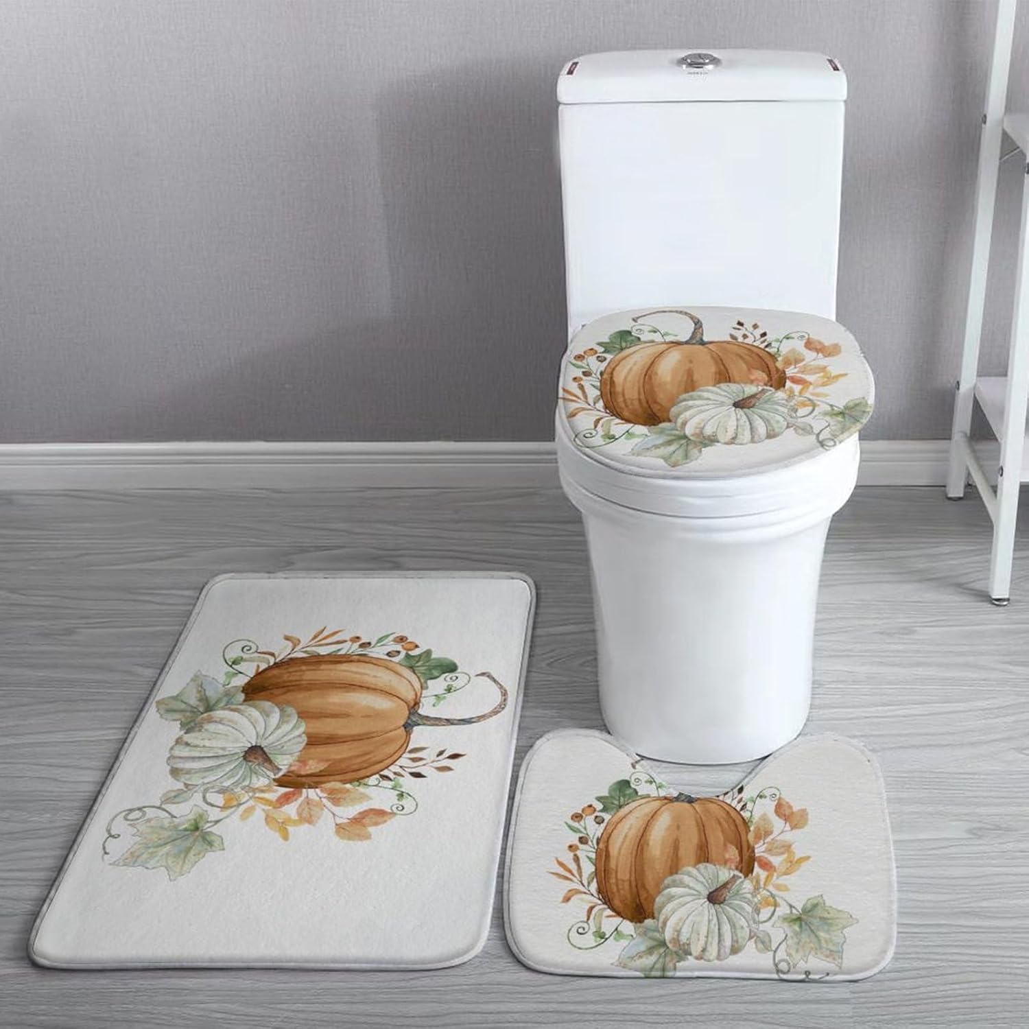 Easternproject Juego de 3 alfombras de baño de calabaza naranja otoñal, hojas de arce verde, cosecha de otoño, decoración de Acción de Gracias,