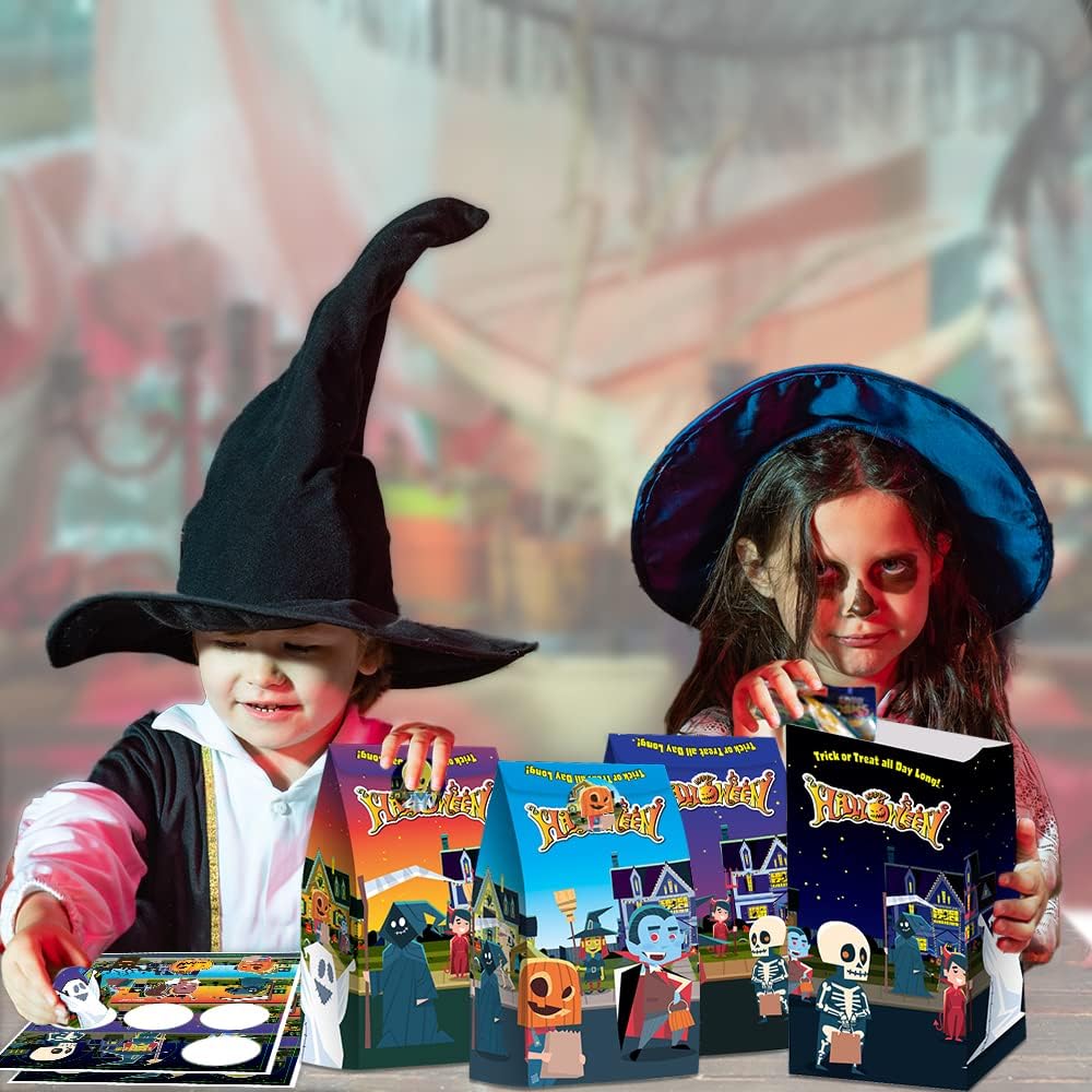 ArtCreativity Bolsas de golosinas de Halloween, juego de 24 bolsas de papel y 24 calcomanías, bolsas de dulces de Halloween de 10 pulgadas con
